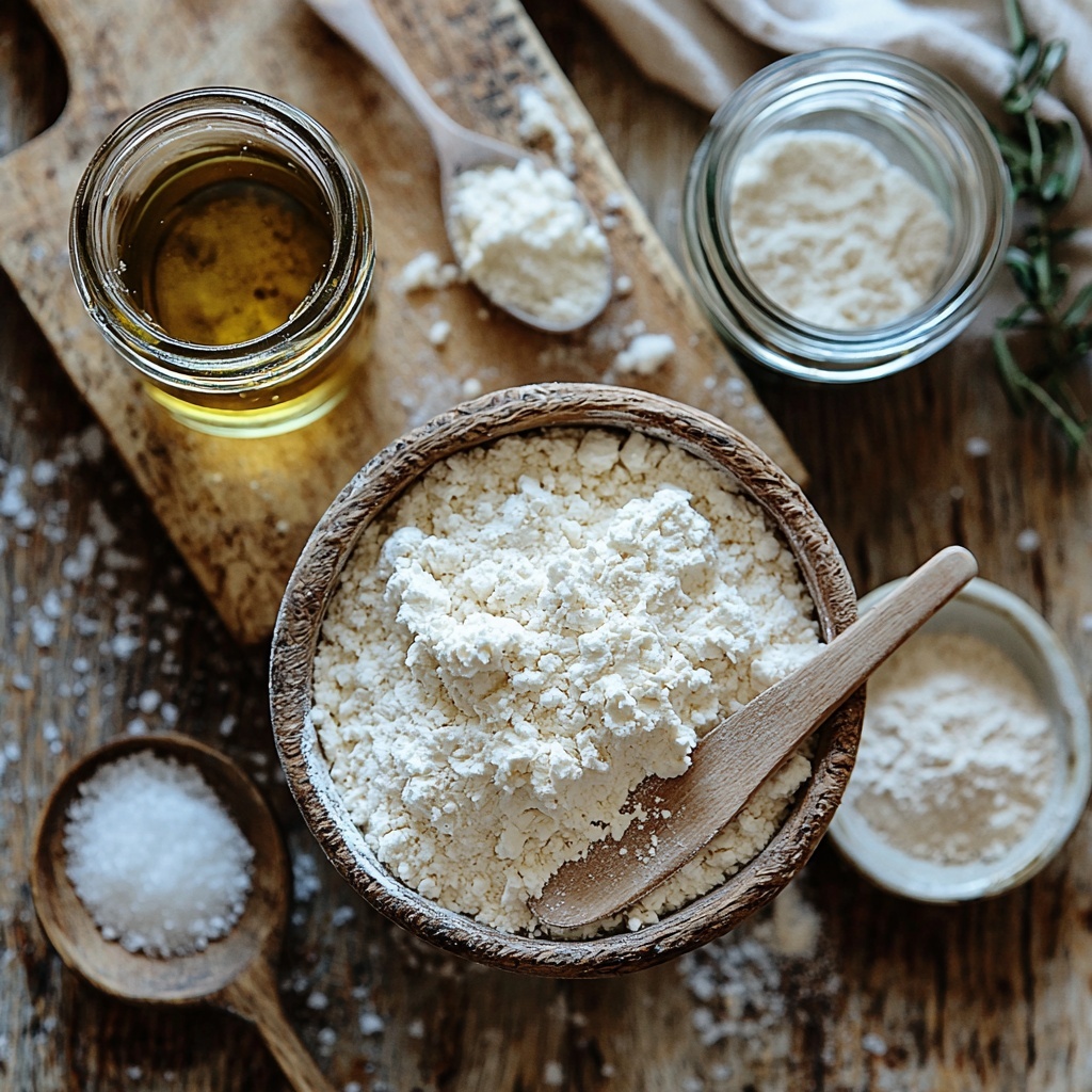 3 cups all-purpose flour in a small rustic bowl dusted with scattered loose flour around it, 1 cup active sourdough starter in a glass jar showing its bubbly texture with a wooden spoon resting inside, 1 cup lukewarm water in a clear measuring cup with condensation on the outside, 2 teaspoons salt neatly heaped on a small white ceramic spoon, 2 tablespoons golden olive oil in a small glass bowl catching light and showing its smooth, glossy surface. All ingredients are carefully arranged on a clean, light wooden surface with natural soft daylight highlighting the varying textures — powdery flour, sticky sourdough, smooth water, crystalline salt, and shiny oil. Subtle linen napkin folded on one side, a simple wooden cutting board partially visible to add warmth and depth, minimal shadows, and balanced composition with enough space between elements to keep the scene airy and inviting. Overhead shot, top down view, flat lay photography, professional food styling --ar 1:1 --q 2 --s 750 --v 6.1