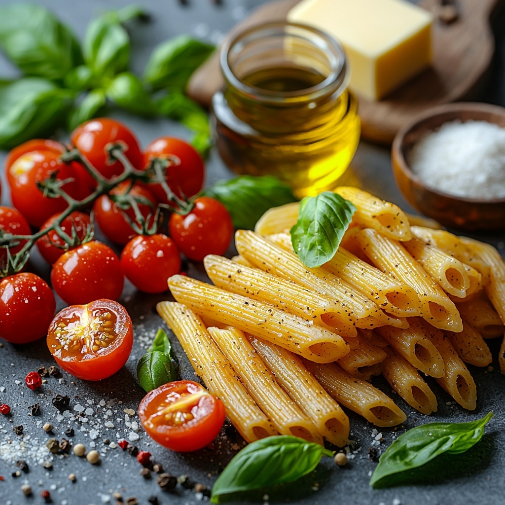 juicy penne pasta dry uncooked, glossy golden penne noodles arranged in a small pile; ripe sweet cherry tomatoes with vibrant red and deep orange hues, some whole and some halved showing juicy interiors; fresh bright green basil leaves with delicate veins, loosely scattered and partly stacked; smooth golden butter blocks and glossy olive oil in a small glass bowl; thinly sliced pale yellow garlic cloves spread neatly; coarse grains of salt and cracked black pepper sprinkled lightly nearby; a small mound of finely grated pale ivory Parmesan cheese; all ingredients displayed on a clean, matte white surface that enhances the vivid colors and natural textures, soft natural lighting casting gentle shadows, minimalistic rustic styling with subtle hints of wooden kitchen tools on the edge, overhead shot, top down view, flat lay photography, professional food styling --ar 1:1 --q 2 --s 750 --v 6.1