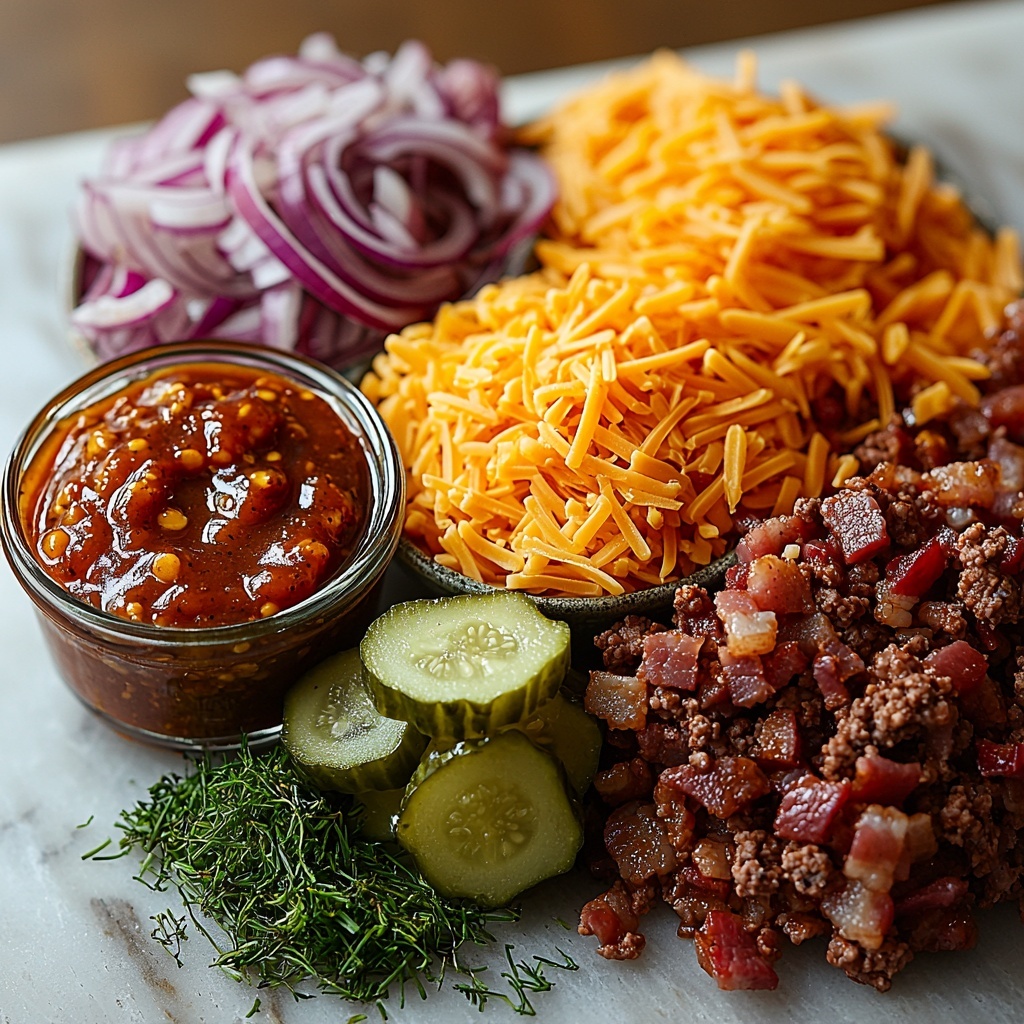 ground beef, barbecue sauce in a small rustic bowl, prepared mustard spoonful, dried minced onion scattered lightly, coarse black pepper sprinkled, uncooked instant rice in a neat pile, shredded sharp cheddar cheese loose and vibrant orange, chopped dill pickles with bright green hues in a small clear glass bowl, crispy cooked bacon strips crumbled with rich reddish-brown tones; all ingredients artfully arranged on a smooth white marble surface, contrasting colors and textures highlighted – glossy sauce, crumbly bacon, fluffy rice grains, and fresh pickles creating visual interest; natural soft lighting from the side casting gentle shadows, minimal props, clean and modern aesthetic, focus on freshness and ingredient quality; overhead shot, top down view, flat lay photography, professional food styling --ar 1:1 --q 2 --s 750 --v 6.1