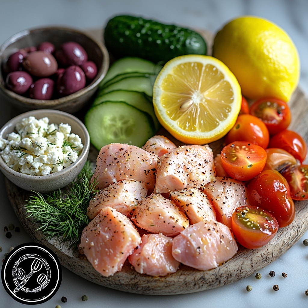 2 large chicken breasts cut into bite-sized chunks, small bowl of extra virgin olive oil glistening golden, halved large lemon with bright yellow flesh, two cloves garlic minced finely on a wooden board, small dishes of dried oregano and thyme in earthy tones, sprinkling of salt and black pepper in ceramic spoons, whole large cucumber with deep green skin alongside freshly grated cucumber strips, creamy thick Greek yoghurt in a white bowl with smooth texture, bunch of fresh dill and mint leaves finely chopped vibrant green, small bowl of lemon juice clear and bright, grated garlic clove on rustic plate, cooked quinoa grains in a textured bowl, halved cherry tomatoes glossy red, thinly sliced half red onion with purple layers visible, crumbled feta cheese with white crumbly texture in a small dish, dark purple pitted Kalamata olives glistening with oil, fresh dill or parsley sprigs for garnish, juicy lemon wedges ready to squeeze, all ingredients neatly spaced on a clean white marble surface with soft natural light highlighting the rich colors and varied textures, subtle shadows adding depth, minimalistic and fresh styling, emphasizing freshness and Mediterranean vibe, overhead shot, top down view, flat lay photography, professional food styling --ar 1:1 --q 2 --s 750 --v 6.1