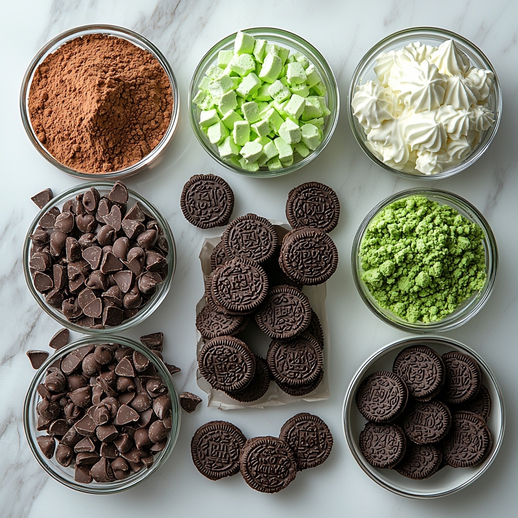 A clean white surface neatly arranged with the main ingredients for a St. Patrick’s Day Brownie Trifle: a partially opened box of rich, fudgy brownie mix with small piles of cocoa powder spilling out; a vibrant green-tinted instant vanilla pudding powder in a glass bowl, showing its smooth powdery texture; a clear bowl of fluffy, white Cool Whip with soft peaks; a small glass bowl filled with bright green food coloring droplets beside a dropper; and a Ziploc bag filled with crushed Mint Oreos revealing dark chocolate cookie crumbs mixed with bits of green mint filling. The ingredients are spaced evenly with soft natural lighting highlighting their contrasting colors and textures — the deep brown, bright green, and crisp white create a festive, fresh palette. The scene is styled with minimal props, focusing on the ingredients’ freshness and vibrancy, with subtle shadows adding depth. Overhead shot, top down view, flat lay photography, professional food styling --ar 1:1 --q 2 --s 750 --v 6.1
