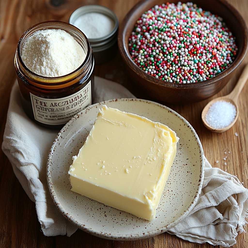Unsalted butter softened to room temperature, smooth pale yellow block on a small white ceramic dish; fine white confectioners' sugar in a clear glass bowl showing delicate powder texture; a small glass jar of vanilla extract with deep amber liquid; a tiny ceramic spoon holding fine white salt crystals; a ceramic bowl filled with all-purpose flour, light and powdery with a soft matte texture; a small rustic bowl overflowing with vibrant Christmas-colored sprinkles in red, green, white, and gold; all ingredients carefully arranged on a clean, minimal light wooden surface with natural soft daylight casting gentle shadows, slight rustic touch with a linen napkin folded nearby, sprinkles slightly scattered for a playful festive accent, all elements spaced evenly and composed for visual balance and harmony, emphasizing fresh, inviting textures and colors — overhead shot, top down view, flat lay photography, professional food styling --ar 1:1 --q 2 --s 750 --v 6.1