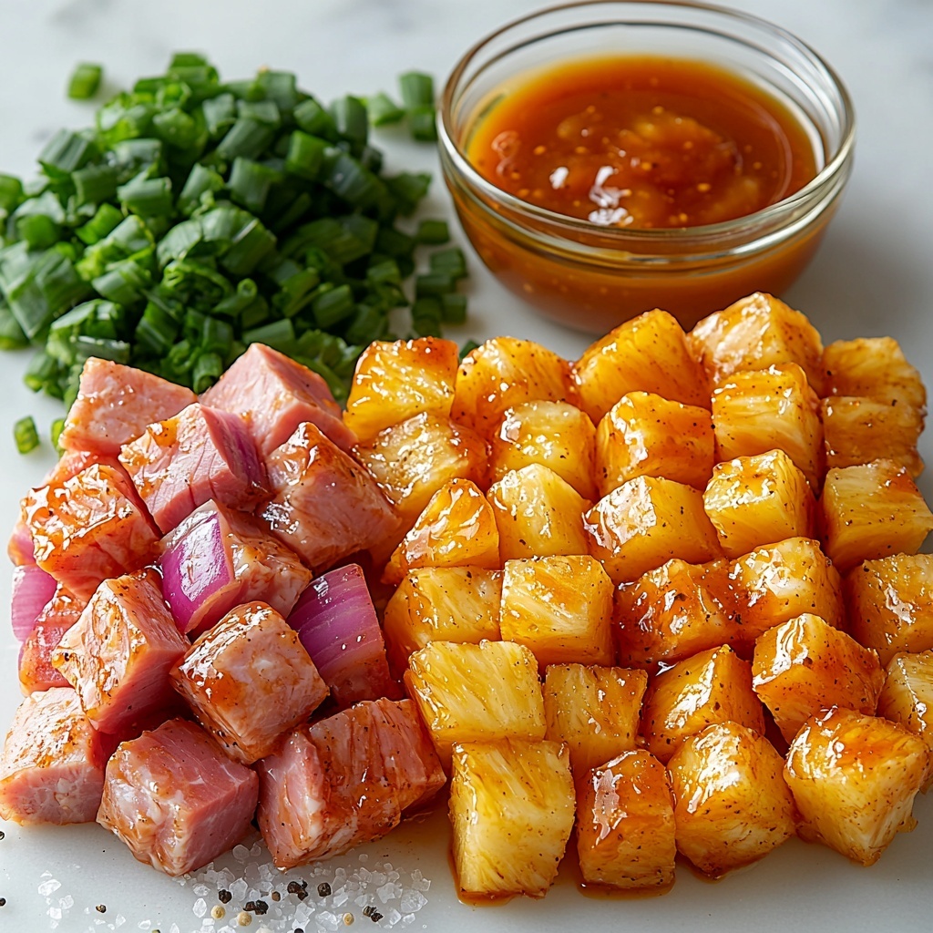 Pineapple cubes bright yellow with juicy texture, cubed sweet ham steak glazed with shiny Hawaiian Style BBQ sauce in a small bowl, vibrant green bell pepper pieces, deep red bell pepper cubes, and small red onion chunks with purple hues arranged neatly on a clean white surface. Small glass bowl of canola oil with golden sheen, scattered coarse salt crystals, and ground black pepper flakes displayed artistically around. A bundle of stainless steel and wooden skewers placed diagonally for contrast. The ingredients spaced evenly with pops of color and natural textures highlighted by soft, diffused natural lighting. Minimal shadows, airy and fresh styling with subtle reflections on the glossy BBQ sauce and oil. Overhead shot, top down view, flat lay photography, professional food styling --ar 1:1 --q 2 --s 750 --v 6.1