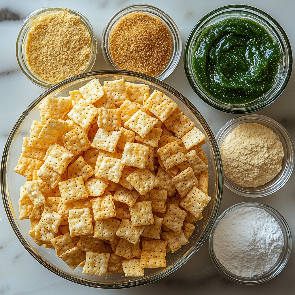 Rice Chex cereal in a large bowl, crisp and textured light brown squares; a microwave-safe glass bowl with smooth, glossy melted green icing, vibrant emerald color; small white bowl of fine powdered sugar, fluffy texture; another bowl with off-white sugar cookie mix, slightly grainy surface; a small dish filled with shiny gold sprinkles sparkling under soft light; two clear gallon-size zip-top bags lying flat with visible texture; all ingredients carefully arranged on a clean, bright white surface with ample negative space to highlight each element; natural daylight casting soft shadows, minimal props to keep focus on the ingredients, simple and elegant styling emphasizing contrasting colors and textures, subtle reflections on the glass bowl, slight crumb details on cereal for a homemade feel, overall balanced composition with harmonious spacing, overhead shot, top down view, flat lay photography, professional food styling --ar 1:1 --q 2 --s 750 --v 6.1