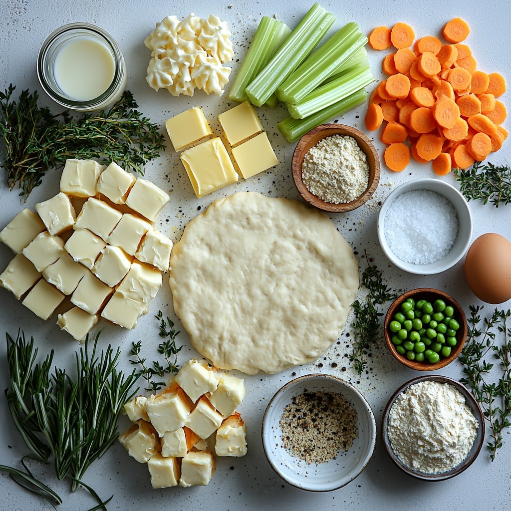 A bright, clean flat lay of the main ingredients for chicken pot pie arranged neatly on a smooth white surface: chilled homemade pie dough rolled out into two rustic circles with delicate flour dusting, raw boneless skinless chicken breasts with a slight sheen, a slab of creamy pale yellow butter, fresh celery stalks sliced into crisp green pieces, chopped white onion with translucent layers, a small heap of all-purpose flour with a soft powdery texture, scattered coarse salt crystals and cracked black peppercorns, tiny brown celery seeds, a wooden spoon with garlic powder sprinkled on it, a small bowl of rich golden chicken bouillon paste, a glass measuring cup filled with creamy white milk, a colorful mix of frozen vegetables – vibrant orange carrot slices, bright green peas and beans, and yellow corn kernels with a frosty sheen, a whole egg with smooth shell next to a small white ramekin holding a tablespoon of milk. Ingredients are arranged with balance and harmony, some overlapping softly, others isolated to show textures; natural soft daylight illuminating from the side casting gentle shadows, crisp focus highlighting textures from flaky dough to smooth chicken, clean minimalist styling with subtle rustic accents like a wooden spoon and a linen napkin folded neatly in the corner, overhead shot, top down view, flat lay photography, professional food styling --ar 1:1 --q 2 --s 750 --v 6.1