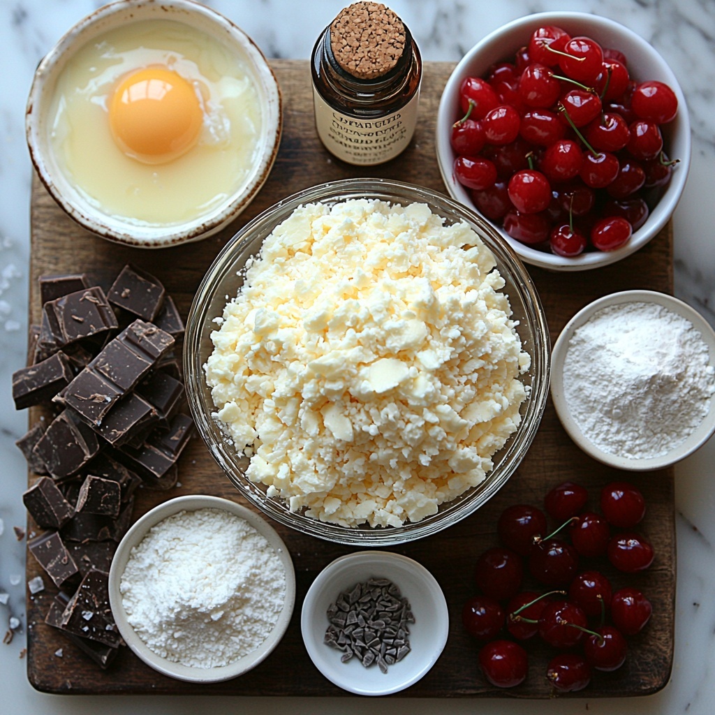 Softened butter in a small glass bowl, two types of sugar—granulated white sugar and light brown sugar—in neat small piles, a cracked egg in a white ceramic ramekin, a small bottle of vanilla extract with a label, scattered fine salt crystals and baking soda powder in tiny ceramic spoons, a mound of all-purpose flour on parchment paper, vibrant red maraschino cherries pitted and finely chopped displayed on a rustic wooden board, rich dark chocolate chunks roughly chopped on a small slate plate, coarse flaky sea salt flakes sprinkled loosely around, all ingredients arranged carefully on a clean white marble surface with soft natural light highlighting textures—the creamy butter, crystalline sugars, smooth flour, glossy cherries, and rough chocolate pieces creating a warm, inviting scene—shadows are soft and minimal, composition balanced with small rustic kitchen tools like a metal whisk and wooden spoon placed artfully nearby, emphasizing freshness and artisanal baking preparation, overhead shot, top down view, flat lay photography, professional food styling --ar 1:1 --q 2 --s 750 --v 6.1