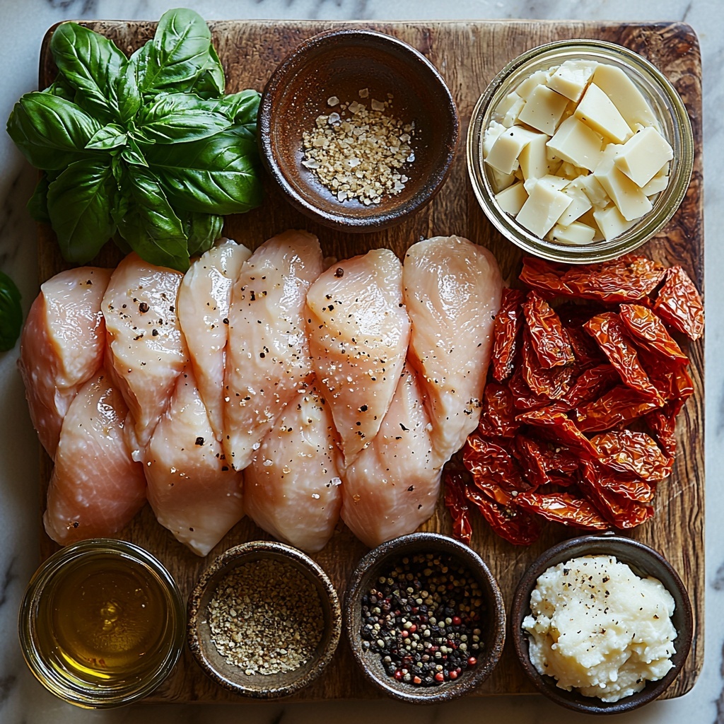 4 raw boneless skinless chicken breasts, plump and pale pink, arranged neatly on one side; coarse kosher salt crystals scattered nearby in a small rustic bowl; a small glass dish of golden extra-virgin olive oil glistening under soft light; three garlic cloves, peeled and minced, placed next to the oil on a natural wood surface; a white ceramic measuring cup filled with smooth, creamy heavy cream; a small clear bowl of rich, amber chicken stock; a tiny ramekin holding a cube of chicken bouillon with label visible; a small bowl heaped with freshly grated Parmesan cheese, fine and fluffy, some cheese sprinkled delicately around; a jar open with vibrant deep red sun-dried tomatoes, roughly chopped and spilling slightly; a vintage spoon holding mixed Italian seasoning with green and earth tones; a small black dish with freshly cracked black pepper, coarse and irregular; a pinch of bright red pepper flakes in a white porcelain spoon for contrast; a bunch of fresh, thinly sliced basil leaves with vivid green color, casually scattered to add freshness; optional elements: small bowls with cooked al dente pasta and creamy mashed potatoes subtly included on edges; all ingredients arranged carefully on a clean white marble surface to highlight colors and textures, natural diffused light enhancing softness and shadows, minimalist and elegant styling with a few fresh basil leaves and Parmesan shavings scattered gently for artistic effect, capturing rustic yet refined culinary preparation atmosphere, overhead shot, top down view, flat lay photography, professional food styling --ar 1:1 --q 2 --s 750 --v 6.1