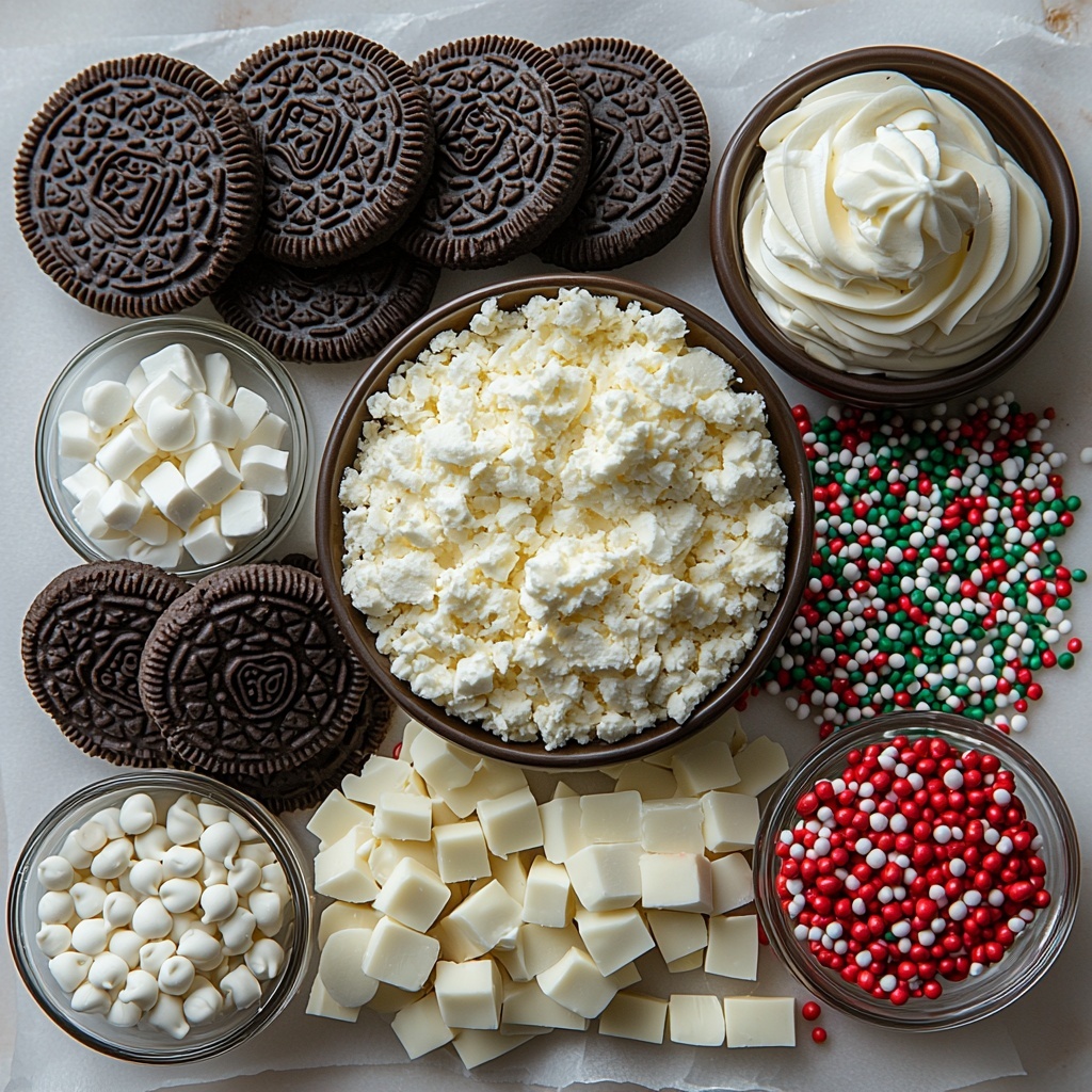 Oreo cookies whole and crushed into fine crumbs, a block of softened cream cheese with a smooth texture, a bowl of vibrant green candy melts glossy and melted, a small bowl of white chocolate chips for decorating, scattered red and green sprinkles adding pops of festive color; all arranged neatly on a clean, bright white surface with parchment paper subtly folded under some ingredients for texture contrast. The Oreo crumbs are spread evenly, the cream cheese block slightly softened and creamy, bowls positioned to create visual balance, sprinkles sprinkled artistically around for a playful touch. Soft natural lighting enhances the rich dark brown of Oreo crumbs, the creamy white of the cheese, and the vivid green and red colors, creating a warm, inviting festive mood. Overhead shot, top down view, flat lay photography, professional food styling --ar 1:1 --q 2 --s 750 --v 6.1