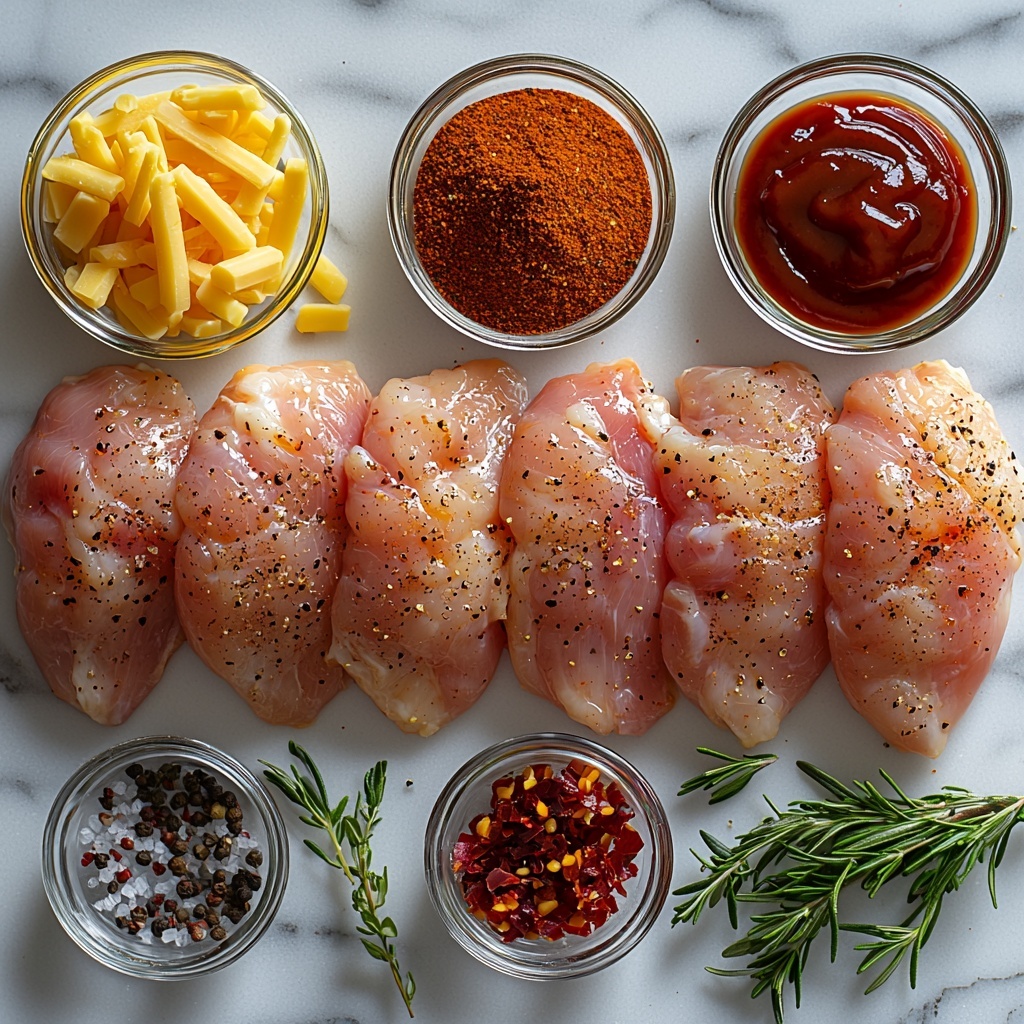 4 boneless skinless chicken breasts, raw and plump with a light pink hue, arranged neatly on a clean white marble surface; small glass bowls containing bright golden olive oil, pale beige garlic powder, light tan onion powder, deep rusty red smoked paprika, coarse white salt, and cracked black peppercorns; eight raw bacon strips with rich marbled reds and creamy whites carefully fanned beside chicken; a clear bowl filled with vibrant orange shredded cheddar cheese showing texture details; a small rustic bowl holding glossy dark reddish-brown barbecue sauce; a heap of freshly chopped bright green onions with fine white roots visible; a small dish of crushed deep red pepper flakes adding a touch of fiery color; natural soft daylight casting gentle shadows, emphasizing textures and freshness; minimalistic styling with some scattered herbs and spices around ingredients for a casual yet polished look; all elements arranged symmetrically with balanced color contrast and negative space for aesthetic harmony; overhead shot, top down view, flat lay photography, professional food styling --ar 1:1 --q 2 --s 750 --v 6.1