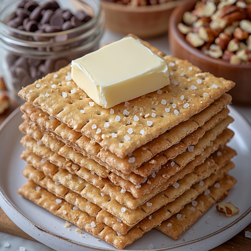 Saltine crackers arranged in neat stacks and scattered loosely, pale golden with a slightly rough texture; a small pat of unsalted butter with a smooth, creamy yellow surface on a white dish; a rustic bowl filled with tightly packed light brown sugar, granular and moist, warm caramel color; a glass jar spilling semi-sweet chocolate chips, glossy dark brown and irregularly shaped; a small wooden bowl of finely chopped pecans, warm tan and reddish-brown with natural ridges and texture. Ingredients placed artfully on a clean, matte white surface with soft natural lighting to enhance textures and warm tones, subtle shadows adding depth, minimal props for a modern, inviting feel. Overhead shot, top down view, flat lay photography, professional food styling --ar 1:1 --q 2 --s 750 --v 6.1