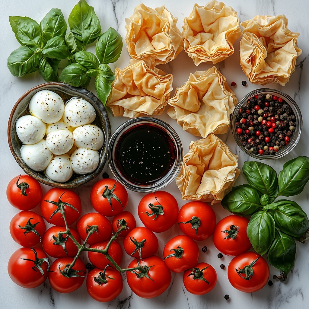 cherry tomatoes, fresh mozzarella balls (bocconcini and ciliegine), fresh basil leaves, balsamic glaze in a small glass bowl, golden crispy phyllo pastry cups and mini tart shells, small bowls of salt and pepper, all neatly arranged on a clean white marble surface. The cherry tomatoes are halved to reveal their juicy red interiors, contrasting with smooth, white mozzarella balls. Bright green basil leaves are scattered artistically around, some whole and some torn, adding freshness and vibrant color. The golden, flaky phyllo cups are stacked and fanned out to showcase their texture. A drizzle of glossy dark balsamic glaze is artistically applied near the bowls, with a few basil leaves placed inside the cups for a pop of color. Soft natural light highlights the textures and colors, with subtle shadows adding depth. The composition is balanced and visually inviting, emphasizing the fresh, festive ingredients. overhead shot, top down view, flat lay photography, professional food styling --ar 1:1 --q 2 --s 750 --v 6.1