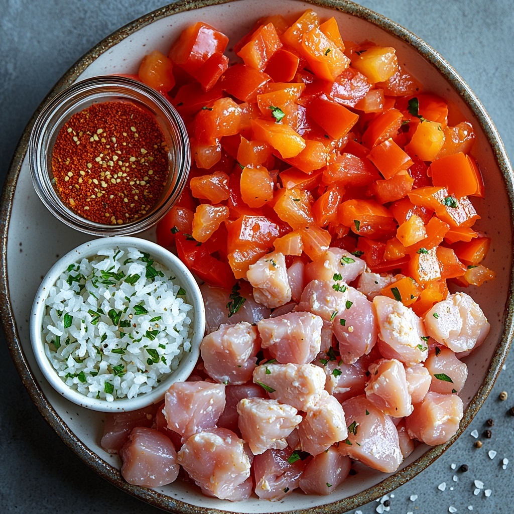 2 boneless skinless chicken breasts cut into bite-sized pieces placed in a small white ceramic bowl, raw pink and plump texture; 1 cup jasmine rice in a neat, small glass jar showcasing the pearly white grains; 1 large onion thinly sliced into delicate translucent rings spread in a small pile; 2 vibrant red bell peppers thinly sliced with glossy, smooth skin arranged fan-like; 4 garlic cloves finely minced shown in a tiny rustic wooden bowl; 3 tablespoons thick, deep red tomato paste dolloped on a simple white spoon; 2 tablespoons golden olive oil in a small clear glass dish catching the light; seasoning scattered around include coarse salt crystals, black peppercorns, paprika powder, and garlic powder artfully dusted on the clean matte white surface; 2 cups low sodium chicken broth contained in a clear measuring cup revealing the light amber liquid; all ingredients spaced evenly on a clean, neutral, light-colored surface with natural soft daylight creating gentle shadows, evoking freshness and simplicity; minimal props, modern rustic style with subtle textures like linen napkin corners visible, emphasizing the vibrant colors and textures of the fresh ingredients; overhead shot, top down view, flat lay photography, professional food styling --ar 1:1 --q 2 --s 750 --v 6.1