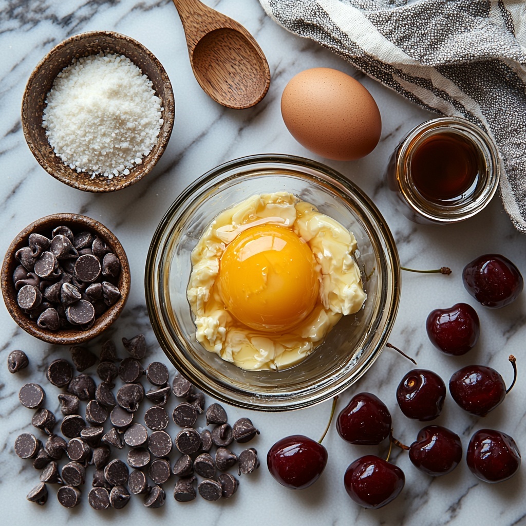 Half cup melted unsalted butter in a glass bowl with smooth golden shine, one cup packed light brown sugar in a rustic ceramic bowl showing rich caramel tones and grainy texture, one large fresh brown egg with smooth shell, small glass jar of amber vanilla extract, cup of all-purpose flour in a white porcelain bowl with fine, powdery texture, small dish with a pinch of salt crystals, scattered semi-sweet chocolate chips glossy and dark brown, fresh cherries both whole and halved displaying deep red and vibrant maroon hues with juicy texture, all ingredients carefully arranged on a clean white marble surface with subtle natural veins, soft natural lighting enhancing warm and rich colors, gentle shadows for depth, minimal props including a wooden spoon and a linen napkin to add rustic charm, emphasis on contrasting textures and inviting palette, overhead shot, top down view, flat lay photography, professional food styling --ar 1:1 --q 2 --s 750 --v 6.1
