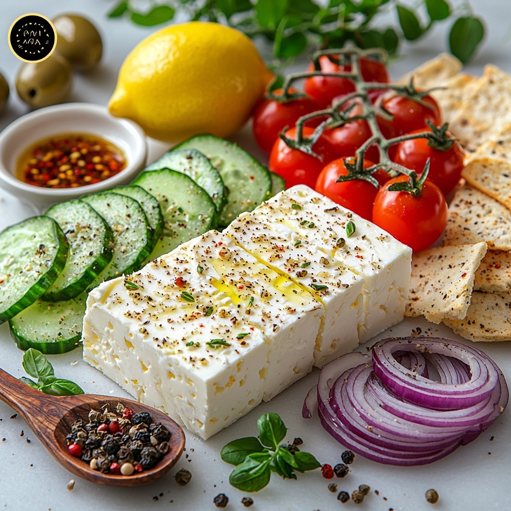 Feta cheese block, cream cheese brick, small glass bowl of extra-virgin olive oil, halved bright red grape tomatoes, sliced crisp green hot house cucumber, small pile of finely diced red onion, lemon half with visible juice droplets, small wooden spoon with dried oregano, small spoon with dried basil, scattered dried red pepper flakes, a pinch of cracked black pepper in a tiny dish, kalamata olives glossy and dark purple, salt crystals sprinkled lightly on a white ceramic plate, pita chips and toasted crostinis arranged neatly on linen cloth – all ingredients arranged artfully on a clean white marble surface with natural soft daylight highlighting the vibrant colors and varied textures; fresh herbs and a few olive branches scattered loosely for an authentic Mediterranean feel; slight shadows for depth, bright and airy mood, styled to feel inviting and fresh with a rustic modern vibe, overhead shot, top down view, flat lay photography, professional food styling --ar 1:1 --q 2 --s 750 --v 6.1