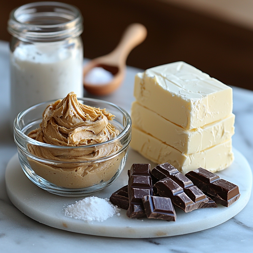 creamy peanut butter in a small glass bowl with smooth, rich beige texture; half cup unsalted butter, softened, pale yellow block on a white ceramic plate; 4 ounces cream cheese, softened, creamy white scoop on parchment paper; small glass container of vanilla extract with amber liquid; fine sea salt in a tiny clear ramekin, white crystalline texture; sifted powdered sugar loosely heaped on a wooden spoon, bright white and fluffy; fine chopped semisweet chocolate pieces, glossy dark brown shards in a small white bowl; two teaspoons coconut oil, translucent and solid in a small glass dish; all ingredients carefully spaced and arranged on a clean white marble surface, natural soft lighting highlighting creamy, smooth and textured contrasts, minimal shadows, subtle rustic kitchen props like wooden spoons and linen napkin nearby, colors warm and inviting, emphasizing freshness and wholesome homemade vibe, overhead shot, top down view, flat lay photography, professional food styling --ar 1:1 --q 2 --s 750 --v 6.1