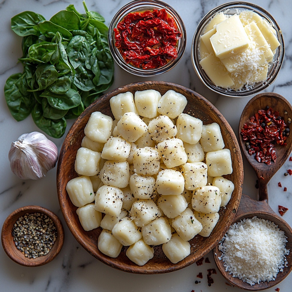 butter in a small vintage bowl, finely chopped garlic scattered delicately nearby, uncooked gnocchi arranged in a rustic heap showing their pillowy, ridged texture, chopped sun-dried tomatoes in a small terracotta dish displaying rich deep reds, a mix of Italian seasoning herbs sprinkled loosely on the surface, crushed red pepper flakes in a tiny glass container with vibrant red tones, coarse salt crystals and cracked black peppercorns artfully placed in minimalist piles, creamy heavy cream in a clear measuring cup reflecting soft light, vegetable stock in a small translucent bowl with a pale golden hue, finely grated Parmesan cheese heaped on a wooden board displaying its fluffy texture, fresh baby spinach leaves spread out showcasing their bright green, crinkled textures, thinly sliced fresh basil leaves arranged in a neat pile adding a pop of vivid green, all items thoughtfully spaced on a clean white marble surface with natural soft daylight enhancing colors and shadows, minimalistic and elegant styling with occasional fresh herbs for accents, subtle rustic touch with wooden and glass props overhead shot, top down view, flat lay photography, professional food styling --ar 1:1 --q 2 --s 750 --v 6.1
