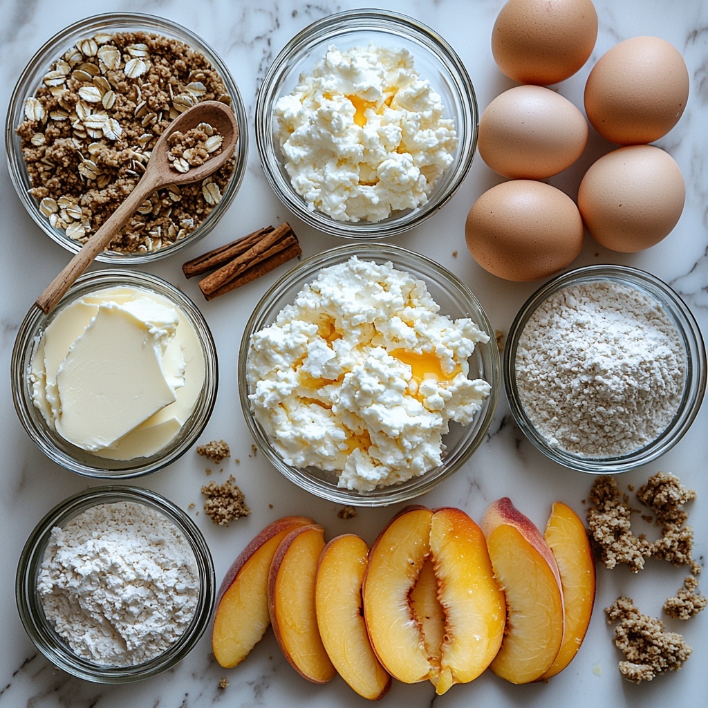 A bright and inviting flat lay of peach cobbler cheesecake ingredients arranged neatly on a clean white surface. Small glass bowls of golden graham cracker crumbs and melted butter glisten beside a mound of creamy, smooth white cream cheese. Nearby, a vintage wooden spoon rests in a bowl of granulated sugar, alongside a small dish of rich brown sugar and a heap of light beige all-purpose flour. Fresh, vibrant orange-yellow peach slices with soft textures are fanned out next to a small cinnamon stick and scattered rolled oats adding rustic charm. Three fresh eggs with smooth, pale shells are placed carefully near a tiny glass dish of vanilla extract. A pat of softened butter gleams softly on a white ceramic plate, complemented by a few loose oats and a small sprinkle of sugar crystals. The composition balances natural warm tones and soft textures, styled with natural light to highlight freshness and inviting simplicity. Overhead shot, top down view, flat lay photography, professional food styling --ar 1:1 --q 2 --s 750 --v 6.1