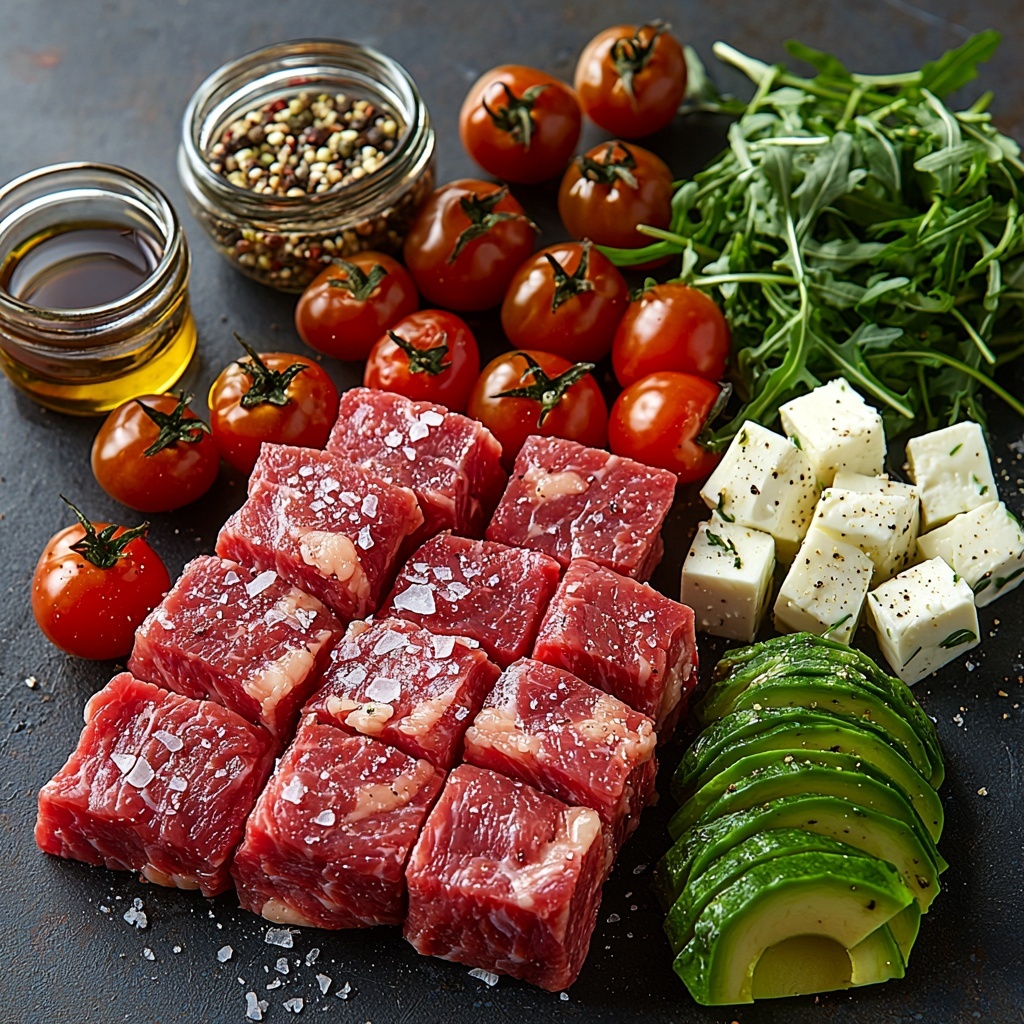 New York strip steak raw and seasoned with kosher salt, ripe avocado slices with creamy texture, vibrant red cherry tomatoes whole and glossy, bright green arugula leaves loosely scattered, cubed Persian cucumber with fresh, crisp edges, thinly sliced translucent red onion, dark purple kalamata olives with a glossy sheen, crumbled white feta cheese sprinkled in small clusters, finely chopped fresh tarragon leaves adding a vivid green accent, small pile of finely chopped shallot, grainy mustard seeds visible in a dollop, smooth Dijon mustard swirl, small glass jar of red wine vinegar with deep amber color, drizzle of extra virgin olive oil with golden highlights, sprinkle of flaky sea salt crystals on the veggies—all arranged meticulously on a clean, matte white surface, ingredients spaced elegantly to show variety of colors and textures, soft natural light from the side emphasizing freshness and vibrant hues, subtle shadows for depth, minimalistic styling with no clutter, delicate sprigs of tarragon placed decoratively around for visual interest overhead shot, top down view, flat lay photography, professional food styling --ar 1:1 --q 2 --s 750 --v 6.1