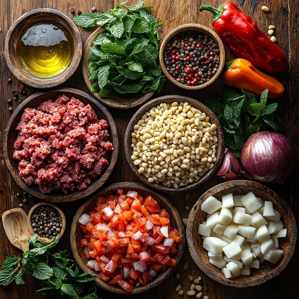 A beautifully styled flat lay of main ingredients for Kibbeh Bil Sanieh arranged on a clean, light wooden surface. Include small bowls and piles of 1 cup fine bulgur grains with a coarse, sandy texture; raw extra lean ground beef in a natural reddish-pink hue, loosely formed in a rustic mound; a small pile of toasted golden pine nuts with a shiny finish; freshly chopped large onion with crisp white and purple layers; vibrant red diced bell pepper pieces scattered nearby; fresh green mint leaves with a delicate vein pattern; a small heap of finely ground kibbeh spice mix showcasing warm earthy browns; scattered whole black peppercorns adding contrast; a sliced fresh habanero pepper in bright fiery orange-red; a small dish of golden olive oil reflecting soft light; and 1½ cups of steaming hot water in a transparent glass measuring cup with gentle condensation. The arrangement is neat yet inviting, with natural shadows to emphasize textures and colors. Include a wooden spoon, a small burlap sack of bulgur, and a rustic ceramic spice bowl to enhance the earthy, authentic Mediterranean vibe. Overhead shot, top down view, flat lay photography, professional food styling --ar 1:1 --q 2 --s 750 --v 6.1