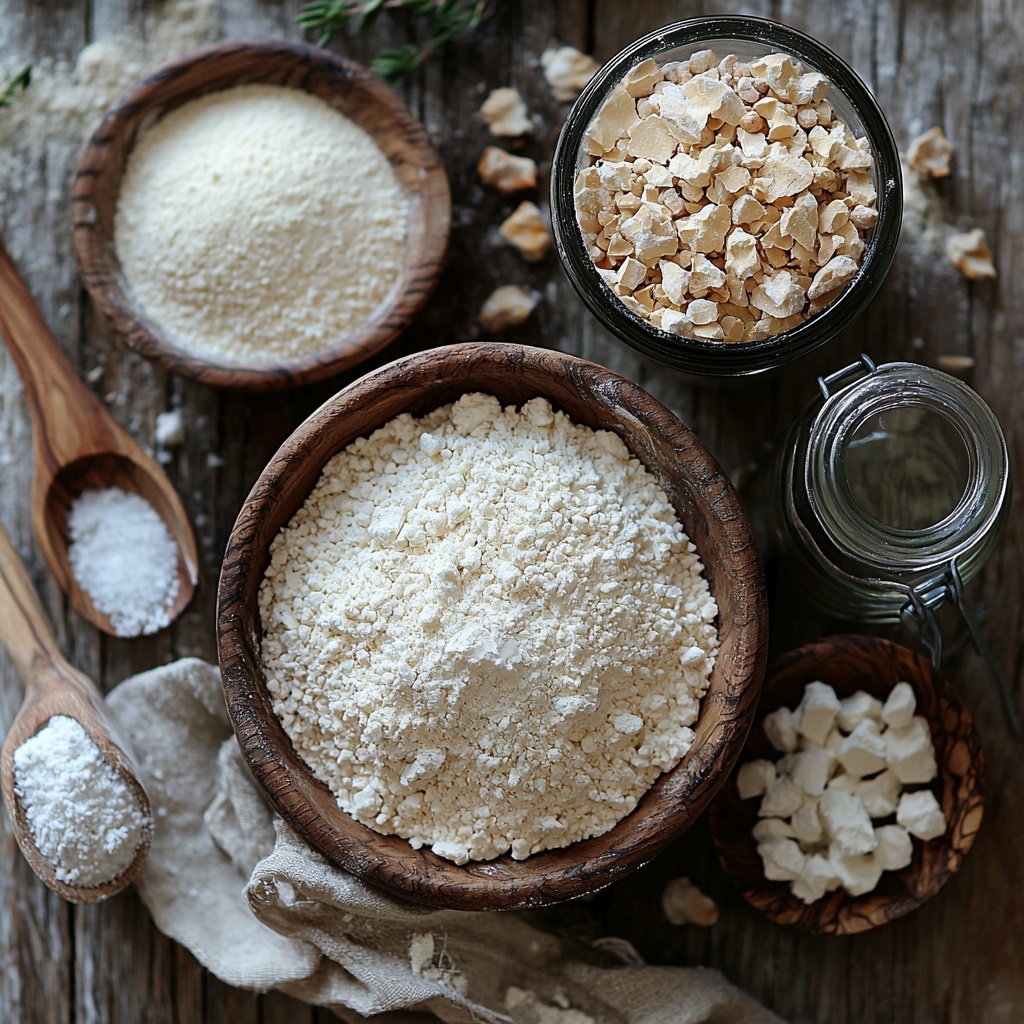 3 cups bread flour in a small rustic ceramic bowl with a subtle off-white color and powdery texture, 1 cup dark rye flour in a wooden bowl showcasing its deep brown, coarse grain texture, 2 teaspoons fine sea salt in a clear glass spoon highlighting tiny white crystals, 1/2 teaspoon instant dried yeast in a small vintage glass jar with light golden granules, 1 1/2 cups water in a simple clear measuring cup with visible water reflections; all ingredients neatly arranged on a clean, light wooden surface with natural soft lighting creating gentle shadows, scattered flour dust and a small linen napkin nearby for added texture; warm earthy tones with a minimalist, cozy kitchen vibe, emphasizing the raw natural textures and inviting simplicity of wholesome bread making—overhead shot, top down view, flat lay photography, professional food styling --ar 1:1 --q 2 --s 750 --v 6.1