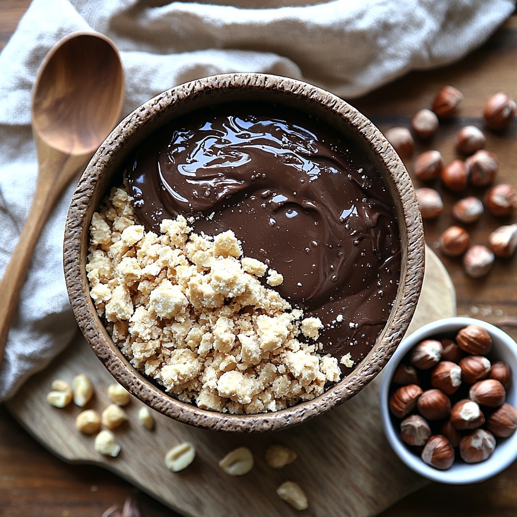 250g crushed digestive biscuits in a small rustic bowl with visible crumbly texture, 395g can of glossy sweetened condensed milk opened with a shiny spoon resting beside, 200g melted dark chocolate in a clear glass bowl showing smooth, glossy texture, 100g toasted hazelnuts roughly chopped scattered loosely on a natural linen cloth and some whole hazelnuts in a small white ceramic dish, all ingredients arranged neatly on a clean, light wooden surface with warm natural lighting casting soft shadows, neutral earth tones complementing the rich brown chocolate and golden hazelnuts, minimalistic styling with small wooden spoons and a folded linen napkin nearby, fresh and inviting atmosphere, overhead shot, top down view, flat lay photography, professional food styling --ar 1:1 --q 2 --s 750 --v 6.1
