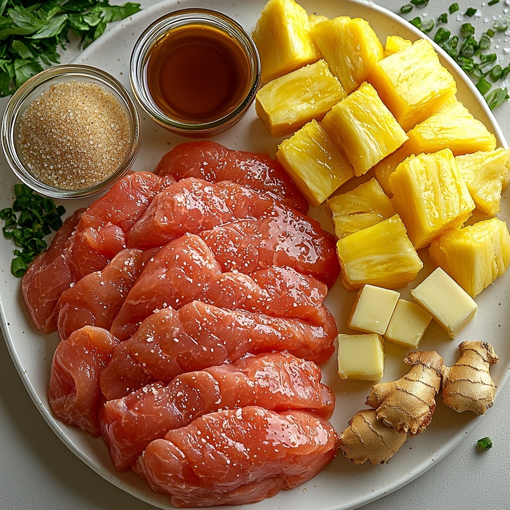 Raw chicken breasts with smooth, pale pink skin placed side by side on a clean white ceramic plate; adjacent is a small dish of golden melted butter with a shiny surface; coarse grains of light brown sugar heaped neatly on a wooden scoop; a small bowl of rich dark amber low-sodium soy sauce; a glass jar filled with bright yellow pineapple juice catching light reflections; fresh pineapple chunks with vibrant yellow flesh and texture, arranged loosely next to several pieces of canned pineapple rings with a glossy sheen; a small bowl of minced garlic showing tiny white granular bits; a tiny heap of light beige ground ginger powder alongside a fresh piece of knobbly ginger root with rough, pale brown skin and fibrous texture; a small bowl holding fine white cornstarch powder next to a tiny glass of clear water; scattered coarse sea salt crystals and cracked black peppercorns adding subtle texture on the smooth, matte white surface beneath. Natural daylight softly diffuses across the ingredients, highlighting the vivid colors, moist textures, and rustic freshness. The scene is carefully balanced with negative space around each item for clarity and aesthetic harmony. Overhead shot, top down view, flat lay photography, professional food styling --ar 1:1 --q 2 --s 750 --v 6.1