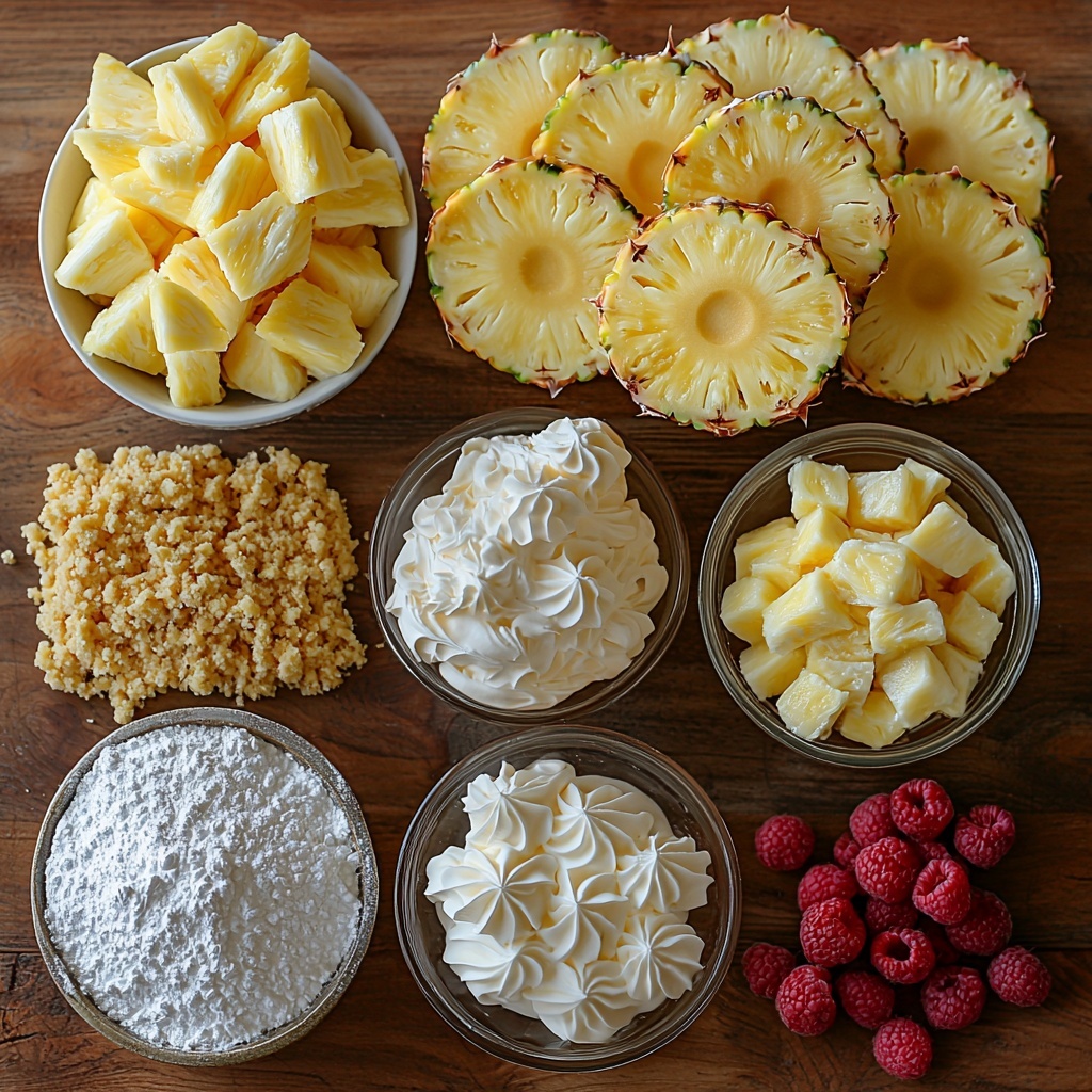 A clean, bright surface with the main ingredients for a tropical pineapple cheesecake beautifully arranged for a flat lay photo: a small mound of golden graham cracker crumbs next to a glossy small bowl of melted butter, a smooth block and dollops of creamy white softened cream cheese, a fine heap of powdered sugar dusted nearby, a fluffy cloud of whipped heavy cream in a glass bowl showing soft peaks, a bowl filled with bright yellow crushed pineapple chunks glistening with juice, drained pineapple rings laid out in a neat stack revealing their translucent golden color and circular texture, a small cluster of fresh, vibrant red raspberries with delicate bumpy texture, and dollops of pure white whipped cream artfully piped on a small plate. Natural daylight highlights the varied textures and tropical color palette—sunny yellows, creamy whites, warm browns, and pops of raspberry red—styled with minimal props, soft shadows, and a light wood or white backdrop. The scene feels fresh, inviting, and ready for a no-bake tropical dessert. overhead shot, top down view, flat lay photography, professional food styling --ar 1:1 --q 2 --s 750 --v 6.1