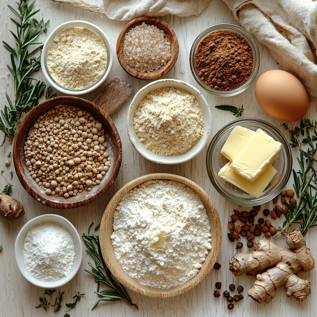 Unbleached all-purpose flour in a small white ceramic bowl with a wooden scoop partly buried in the flour, ground ginger, ground cinnamon, ground cloves, baking soda, and fine sea salt each in tiny glass bowls showcasing their warm beige, golden brown, and off-white hues, a stick of unsalted butter room temperature on a small wooden board with a butter knife, a heap of light brown packed sugar spilling gently onto a rustic linen napkin, a small clear glass jar of dark molasses with its rich, glossy deep brown color shimmering, one large brown egg resting on a clean white ceramic plate, all ingredients neatly arranged on a smooth, clean pale wood surface. Natural soft daylight illuminating textures—the powdery flour, crystalline sugar granules, glossy molasses, and creamy butter details—styled with subtle sprigs of fresh rosemary and a beige linen napkin casually folded nearby for warmth and balance, shadows soft and minimal. Overhead shot, top down view, flat lay photography, professional food styling --ar 1:1 --q 2 --s 750 --v 6.1