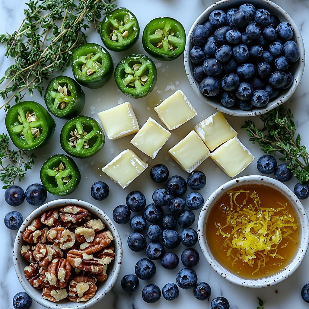 10 to 12 halved jalapeños, vibrant green with glossy smooth skin, arranged neatly in a semi-circle; small cubes of creamy white brie cheese with a soft rind, scattered evenly nearby; a small bowl filled with rich, deep purple blueberry preserves alongside a handful of fresh plump blueberries with a matte finish; a delicate drizzle of golden honey glistening on a wooden spoon; finely chopped walnuts or pecans with a warm brown, textured surface, sprinkled lightly on a small white dish; a few bright yellow lemon zest curls adding a pop of color; a pinch of coarse sea salt grains scattered subtly around; fresh sprigs of thyme and parsley with vivid green leaves, placed artistically for garnish; all ingredients arranged thoughtfully on a pristine white marble surface with soft natural light that highlights the contrasting colors and textures, creating a fresh and inviting composition. overhead shot, top down view, flat lay photography, professional food styling --ar 1:1 --q 2 --s 750 --v 6.1