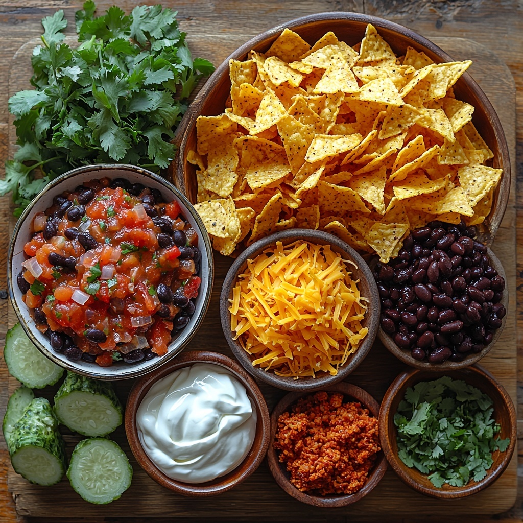 A clean, light wooden surface neatly arranged with the main ingredients for an easy taco skillet: a small glass bowl of bright red chunky salsa, a rustic ceramic bowl filled with glossy black beans, a mound of rich golden shredded cheddar cheese spilling slightly from a small white ramekin, a quarter cup of smooth, creamy white sour cream in a delicate bowl, a handful of fresh, vibrant green chopped cilantro spread loosely on a small wooden plate, a rustic clay bowl of crunchy, golden tortilla chips fanned out, a small heap of finely chopped translucent white onion, and a raw portion of deep red ground beef displayed in a natural, unprocessed state on parchment paper, next to a small wooden scoop of warm brown taco seasoning powder. The ingredients are spaced evenly with pops of color and varied textures—shiny beans, fluffy cheese, fresh herbs, and crisp chips—with soft natural lighting highlighting the freshness and inviting rustic simplicity. The styling is minimalistic yet warm, with gentle shadows creating depth, focusing on clean lines and vibrant contrasts, evoking a cozy, casual cooking atmosphere. Overhead shot, top down view, flat lay photography, professional food styling --ar 1:1 --q 2 --s 750 --v 6.1