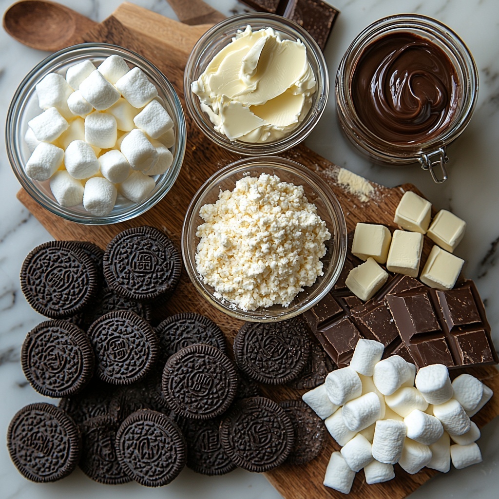Oreo cookies crushed into fine crumbs in a small glass bowl, whole Oreo cookies stacked beside it; two types of unsalted butter, one melted in a clear ramekin and one softened in a vintage butter dish, creamy pale yellow textures; an 8 oz block of cream cheese softened on a rustic wooden board with a small knife; a small bowl of powdered sugar, fine and white; a teaspoon of vanilla extract in a tiny amber bottle with a dropper; five individual envelopes of milk chocolate instant hot cocoa mix neatly fanned out; a chilled metal bowl of heavy whipping cream, glossy and thick; two packets of chocolate instant pudding mix lined up beside a small pitcher of fresh milk; a bowl filled with miniature white marshmallows, some scattered lightly around it; whipped cream in a clear glass mixing bowl showing soft peaks; a small dish of melted chocolate swirled and shiny, alongside a small jar of Nutella with a wooden spoon; all ingredients arranged carefully on a clean, bright white marble surface with soft natural light casting gentle shadows, styled with minimal rustic props like linen napkins and wooden spoons, emphasizing contrasting textures and rich chocolatey browns, creamy whites, and soft yellows, overhead shot, top down view, flat lay photography, professional food styling --ar 1:1 --q 2 --s 750 --v 6.1