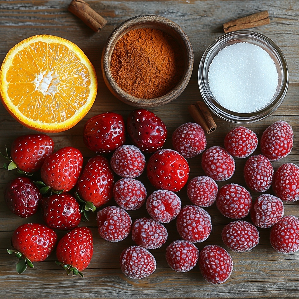 3 cups fresh bright red cranberries scattered loosely, one whole peeled orange with segments separated and delicate orange zest curls beside it, slightly thawed frozen sliced strawberries with vibrant red and subtle frost texture arranged in a small cluster, small rustic bowls containing ground cloves and ground cinnamon showing fine powder textures, a neat pile of sparkling white granulated sugar, a small glass measuring cup half filled with clear water, and a sealed packet of liquid fruit pectin with a simple label placed thoughtfully nearby—all set on a clean, light wooden surface that enhances the vivid reds and warm orange tones. Soft natural lighting casts gentle shadows emphasizing the textures and freshness of the fruit, with minimal props to keep focus on the ingredients. The composition is balanced and airy, with a mix of round and elongated shapes creating visual interest and inviting a cozy, festive feel. Overhead shot, top down view, flat lay photography, professional food styling --ar 1:1 --q 2 --s 750 --v 6.1