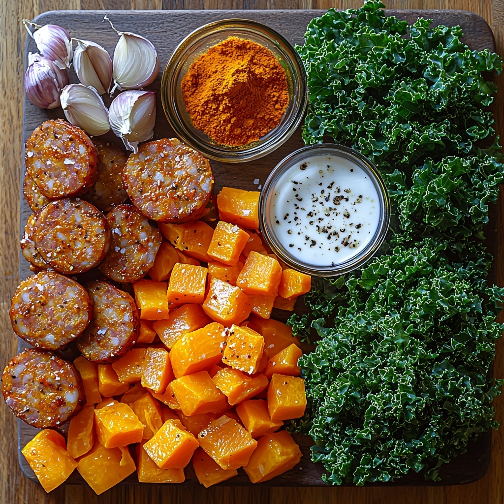 Spicy sausage slices arranged next to whole and peeled cubed sweet potato in warm orange tones, fresh roughly chopped kale leaves in deep green hues fanned out, a small bowl of minced garlic cloves gleaming white, chopped yellow onion pieces with soft pale yellow color, whole smoked paprika powder sprinkled gently beside a small heap of vibrant red paprika, a tiny dash of cayenne pepper powder nearby, a small glass container of creamy white coconut milk, a rustic wooden dish holding golden olive oil glistening under soft light, a bowl filled with pale golden nutritional yeast flakes, sea salt crystals and freshly ground black peppercorns lightly scattered, all ingredients neatly spaced on a clean rustic light wood surface emphasizing natural textures and colors, subtle natural lighting casting soft shadows enhancing freshness and vividness, styled with minimal props for a modern, inviting paleo and Whole30 aesthetic — overhead shot, top down view, flat lay photography, professional food styling --ar 1:1 --q 2 --s 750 --v 6.1