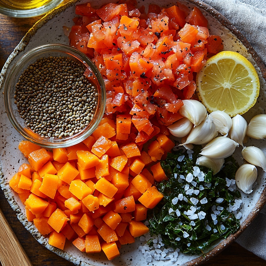extra virgin olive oil in a small glass bowl with golden-green sheen, medium yellow onion chopped into even pieces, bright orange peeled and chopped carrots, four whole garlic cloves with papery skins and some minced garlic on a wooden spoon, small piles of warm-hued ground cumin, curry powder, and dried thyme arranged neatly on a rustic white ceramic plate, a large can of diced tomatoes with vibrant red chunks spilling slightly onto the surface, a heap of uncooked brown or green lentils showing earthy tones, clear vegetable broth in a glass measuring cup reflecting light, a clear water jug beside it, a small bowl of salt crystals next to a pinch of red pepper flakes in a tiny dish, black peppercorns scattered artfully, fresh chopped deep green collard greens or kale with visible veins, and a halved bright yellow lemon with some lemon juice droplets nearby—all arranged symmetrically and spaced comfortably on a clean, light wood surface with natural soft lighting casting gentle shadows, minimal props including a neutral linen napkin and wooden utensils for contrast, overhead shot, top down view, flat lay photography, professional food styling --ar 1:1 --q 2 --s 750 --v 6.1