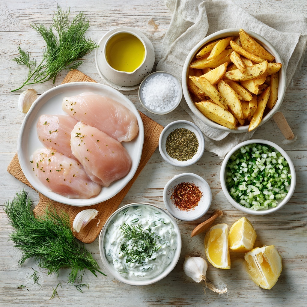 4 boneless skinless chicken breasts marinated in olive oil, minced garlic, dried oregano, paprika, salt, black pepper, and lemon juice, fresh raw ingredients for marinade in small bowls; 1 cup creamy Greek yogurt and a bowl of grated cucumber, minced garlic, fresh chopped dill, lemon juice, and olive oil for tzatziki sauce arranged neatly; 4 medium raw potatoes cut into fries with a small dish of olive oil and bowls of seasoning salts and paprika; fresh lemon wedges and sprigs of fresh dill for garnish; all ingredients arranged on a clean, light-colored rustic wooden surface, separated in small white bowls and wooden cutting boards, vibrant natural colors highlighting the freshness, textures of smooth yogurt, coarse grated cucumber, rustic chopped herbs, raw chicken and golden potato fries, soft natural lighting casting gentle shadows for depth, minimalistic styling with subtle props like a linen napkin and wooden spoons, overhead shot, top down view, flat lay photography, professional food styling --ar 1:1 --q 2 --s 750 --v 6.1