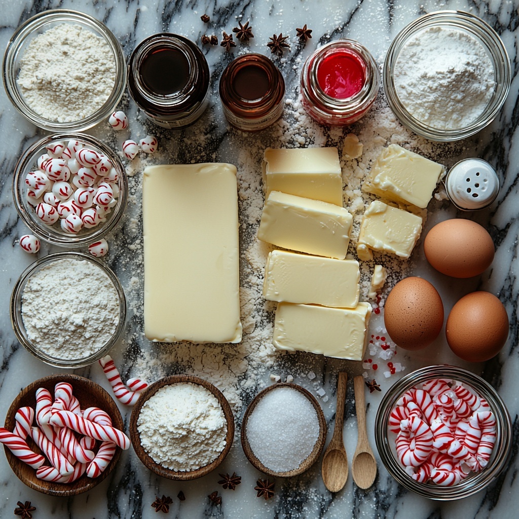 A clean, bright surface with all the main ingredients for Candy Cane Cookies arranged neatly in an inviting flat lay composition: two sticks of unsalted butter, pale creamy yellow, placed on a small white ceramic dish; a glass bowl with fine, white powdered sugar; a single large brown egg with a smooth shell; a small glass bottle labeled vanilla extract, dark amber liquid inside; a small bottle of peppermint extract with a clear glass droplet, and a tiny bottle of almond extract nearby; a heap of all-purpose flour, soft and powdery white, in a rustic ceramic bowl; kosher salt sprinkled lightly on a small white dish; a small glass jar of vibrant red liquid food coloring, glossy and rich in color. Subtle touches of scattered flour and sugar crystals add natural texture across the surface without cluttering. Soft, natural lighting enhances the creamy butter, bright white powders, and the deep red of the food coloring, creating a festive and fresh feel. The ingredients are thoughtfully spaced with small wooden and metal spoons, a whisk, and a clean strip of parchment paper rolled at one edge, suggesting preparation in progress. The overall mood is clean, crisp, and inviting, styled with minimal shadows for a perfectly balanced and visually appealing culinary setup. Overhead shot, top down view, flat lay photography, professional food styling --ar 1:1 --q 2 --s 750 --v 6.1