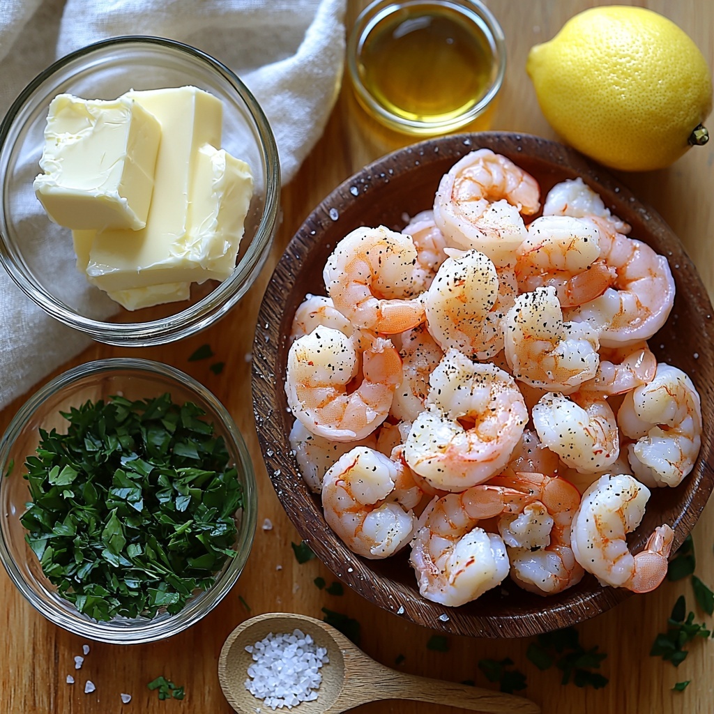 medium shrimp peeled and deveined in a small rustic bowl, kosher salt and freshly ground black pepper scattered loosely nearby, 8 tablespoons unsalted butter divided into smooth rectangular pats on a clean white ceramic dish, 5 cloves garlic minced finely in a small glass ramekin, 1/4 cup golden chicken stock in a clear measuring cup, 3 tablespoons freshly squeezed lemon juice in a bright yellow small bowl, 2 tablespoons chopped fresh parsley leaves sprinkled artfully on a natural wooden spoon, all ingredients arranged neatly and spaced evenly on a light wood surface with soft natural daylight casting gentle shadows, emphasizing fresh colors and varied textures like the translucent shrimp shells, creamy butter, vibrant green parsley, and glossy lemon juice, accented with a folded linen napkin in pale cream and a simple silver measuring spoon for props, overhead shot, top down view, flat lay photography, professional food styling --ar 1:1 --q 2 --s 750 --v 6.1