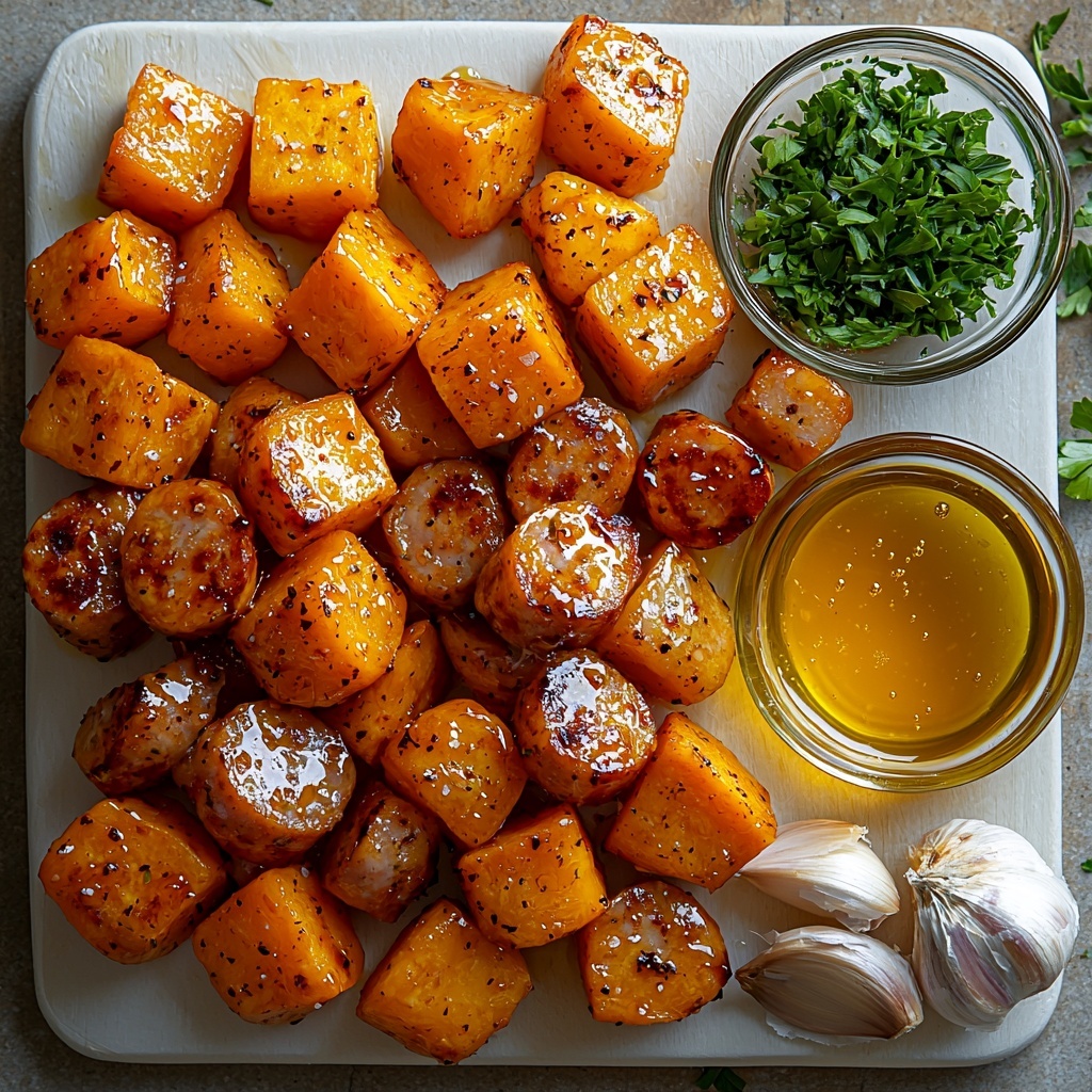 A clean white or light wood surface with ingredients neatly arranged in a visually appealing flat lay: golden cubed sweet potatoes with slightly rough texture, thick coins of glossy smoked sausage showing rich reddish-brown hues, small glass bowls containing golden honey and light amber soy sauce, three peeled garlic cloves with a smooth matte finish, a small dish of olive oil reflecting soft light, and a sprinkle of fresh bright green chopped parsley scattered artfully around for contrast. Soft natural lighting emphasizes warm tones and textures, with gentle shadows adding depth. Minimalist styling, slight rustic touches, balanced negative space, vibrant colors popping against the neutral background, showcasing freshness and home-cooked simplicity. overhead shot, top down view, flat lay photography, professional food styling --ar 1:1 --q 2 --s 750 --v 6.1