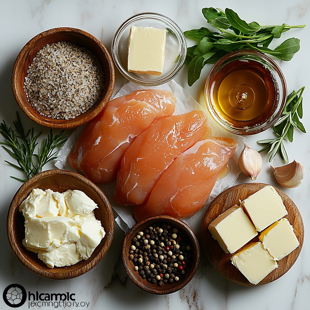 chicken breasts raw, boneless and skinless, two pieces, slightly pink with smooth texture; small wooden bowl with coarse salt and black peppercorns scattered nearby; shallow white ceramic dish filled with fine white flour; small rustic butter dish holding unsalted butter, pale yellow and creamy; two fresh garlic cloves, one whole and one minced, bright white and slightly glossy; small glass bowl of golden amber honey, thick and sticky texture; clear glass container with light golden apple cider vinegar; small ceramic bowl with dark amber soy sauce, glossy surface; all ingredients carefully spaced and arranged on a clean white marble surface with subtle veins, casting soft natural light shadows; a light linen napkin folded neatly beside the ingredients adds warmth; sprigs of fresh green herbs casually placed for color contrast; ingredients positioned for visual balance and texture variety, highlighting colors and natural forms; overhead shot, top down view, flat lay photography, professional food styling --ar 1:1 --q 2 --s 750 --v 6.1