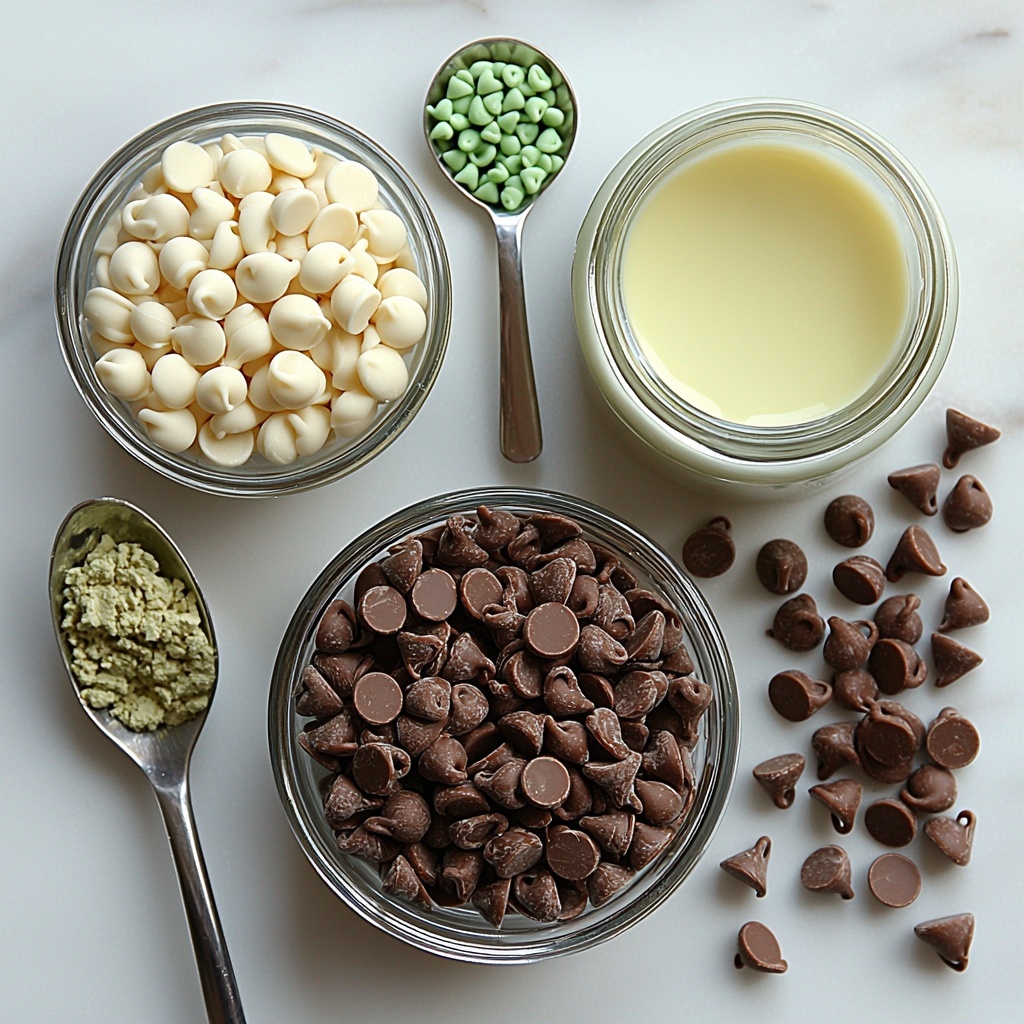milk chocolate chips in a small glass bowl, white chocolate chips in a separate clear bowl with a hint of green tint from food coloring, a small jar of sweetened condensed milk with a spoon dripping creamy texture, a teaspoon measuring spoon filled with fresh mint extract, a tiny dish with vibrant green food coloring drops, all arranged neatly on a clean white surface with soft natural light casting delicate shadows, subtle props like a folded white linen napkin and a silver butter knife placed diagonally nearby, emphasizing rich browns, creamy whites, and bright green hues, capturing smooth, glossy textures of chocolate chips and shiny condensed milk, minimalistic and airy styling, overhead shot, top down view, flat lay photography, professional food styling --ar 1:1 --q 2 --s 750 --v 6.1