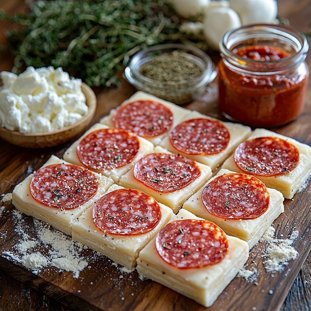 pizza dough rolled out and cut into neat 3-inch squares with a dusting of flour on a clean wooden board, bright red pepperoni slices fanned out in a semi-circle, a small bowl filled with shredded mozzarella cheese showing soft, white, fluffy texture, a small glass jar of rich, deep red marinara sauce with visible herbs, a rustic teaspoon of dried Italian seasoning with green and brown flecks sprinkled artistically nearby; all ingredients arranged neatly on a smooth white background, natural soft lighting highlighting vivid colors and varied textures, minimal shadows, subtle olive oil brushstrokes glistening on dough squares for freshness, overhead shot, top down view, flat lay photography, professional food styling --ar 1:1 --q 2 --s 750 --v 6.1
