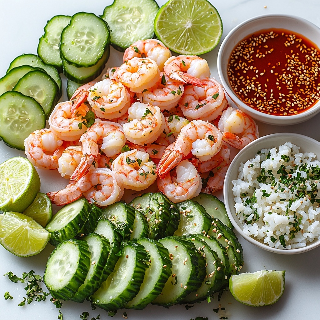 Shrimp, peeled and deveined, lightly seasoned with garlic powder, onion powder, paprika, chili powder, dried oregano, and salt, cooked to a pink and opaque finish; whole large cucumbers, halved lengthwise and quartered with seeds scooped out, crisp and vibrant green; roughly mashed avocados with creamy, pale green texture; a small heap of fluffy white cooked sushi rice; a bowl of spicy mayo sauce combining creamy off-white mayonnaise with bright red streaks of Sriracha; a small dish of golden olive oil; fresh lime half, bright green with juicy texture; scattered light brown toasted sesame seeds; spices powder mix displayed in small piles—paprika’s rich red, chili powder’s deep orange-red, dried oregano’s muted green flakes; all ingredients arranged neatly and spaced out on a clean, matte white surface that enhances natural colors and textures; the composition balancing each element with vibrant greens, warm reds, creamy whites, and subtle earth tones; soft natural light casting gentle shadows to enhance texture; some fresh lime wedges and a light sprinkling of sesame seeds artistically scattered around; overhead shot, top down view, flat lay photography, professional food styling --ar 1:1 --q 2 --s 750 --v 6.1
