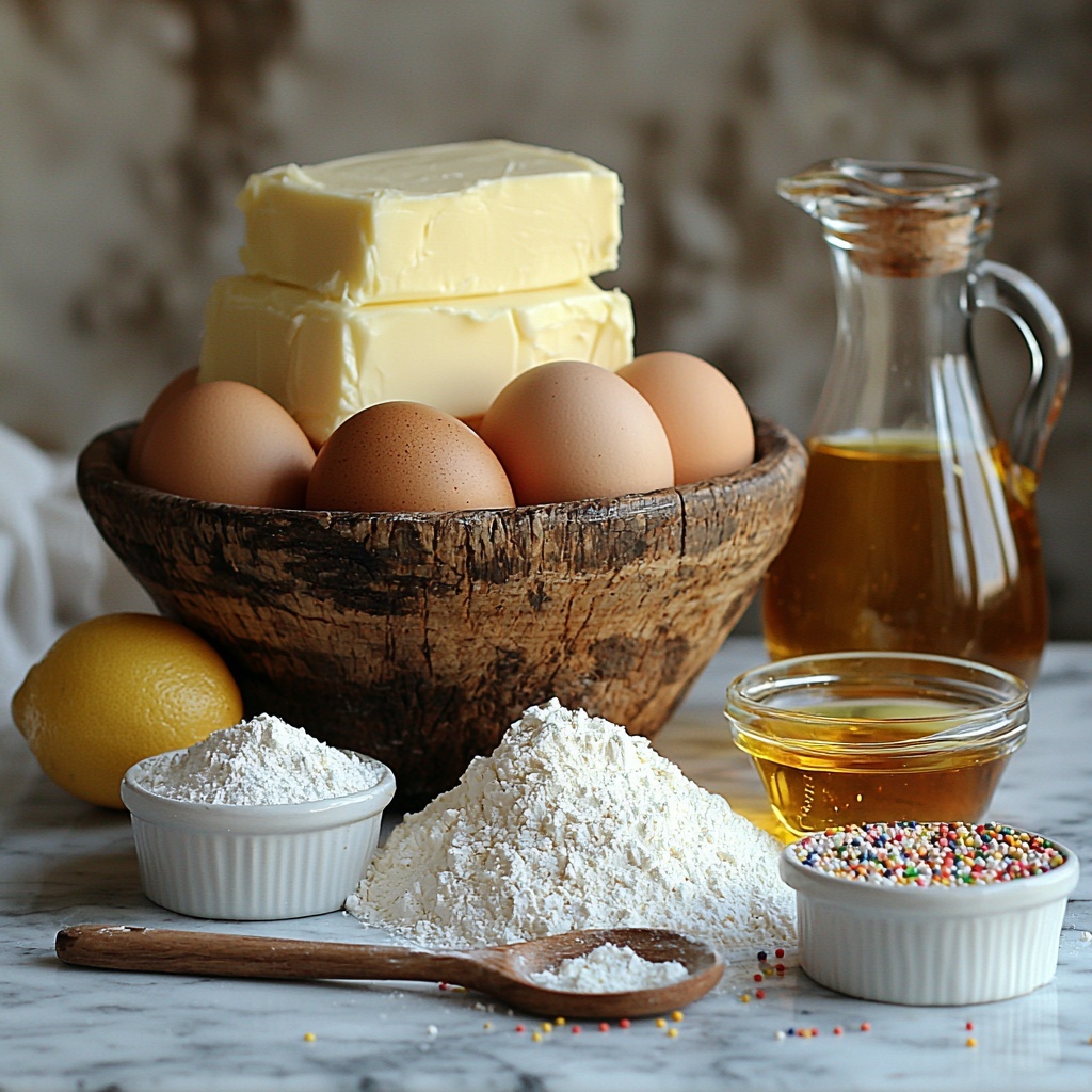 4 large eggs in a rustic ceramic bowl, bright orange zest flakes scattered artfully beside a small glass jar of golden vanilla extract, a vintage spoon resting in a heap of fine white granulated sugar, a small glass bowl of melted salted butter with glossy texture, neatly measured 2 cups all-purpose flour in a white porcelain dish with a light dusting sprinkled around, a tiny ramekin of pale beige baking powder, a clear glass jug of amber vegetable oil catching the light, a small glass bowl filled with thick, shiny golden honey, a lemon wedge and small bowl of fresh orange juice with vibrant orange color, a second small bowl with sparkling white granulated sugar, a delicate scattering of colorful rainbow nonpareils in a tiny ceramic dish creating playful pops of red, green, yellow, blue, and pink, all artfully arranged on a clean, bright white marble surface to emphasize contrast and freshness, soft natural lighting highlighting textures and glossiness, minimal shadows, subtle props like a wooden spoon and a linen napkin adding warmth and rustic charm, overhead shot, top down view, flat lay photography, professional food styling --ar 1:1 --q 2 --s 750 --v 6.1