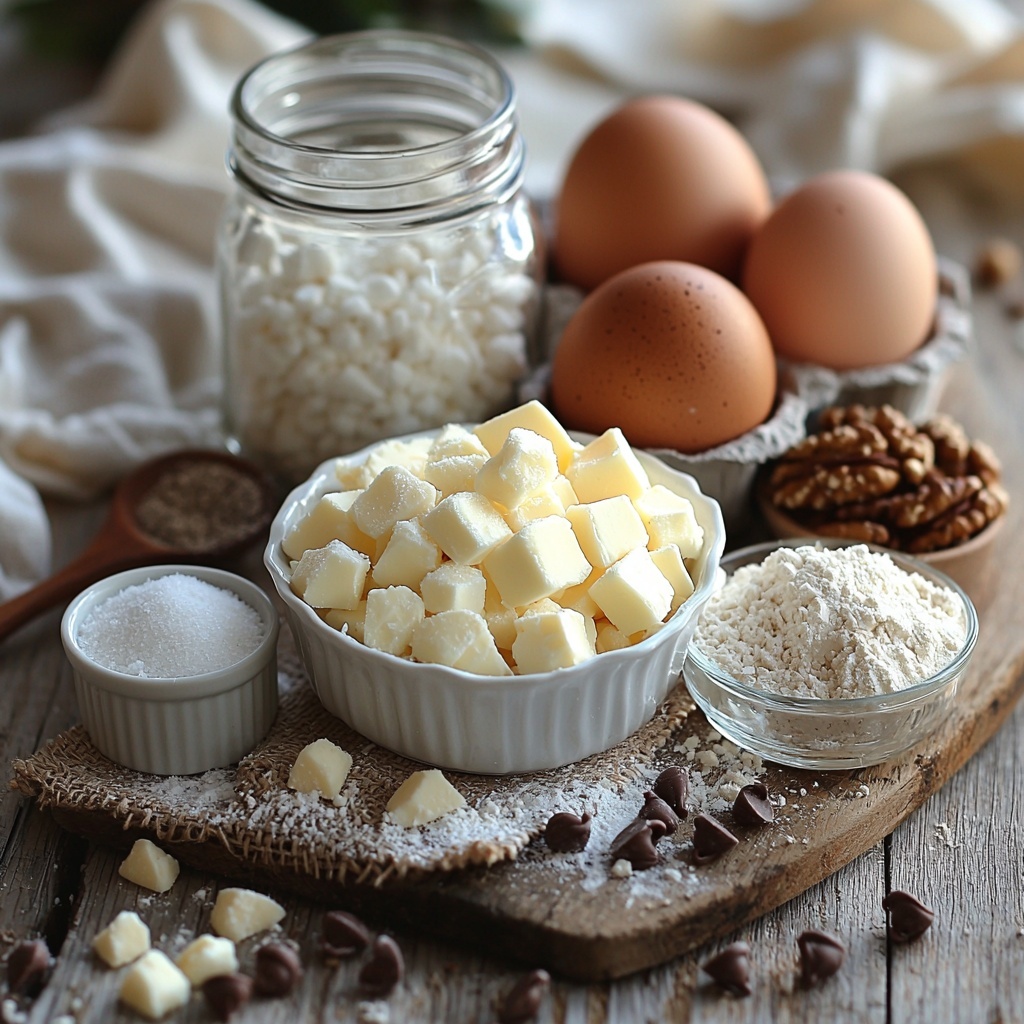 white chocolate chips in a small white ceramic bowl, half cup unsalted butter in a vintage silver butter dish, one cup granulated sugar in a clear glass jar spilling a few granules onto the surface, two large brown eggs resting on a natural linen napkin, a small glass bowl of vanilla extract with a wooden spoon beside it, one cup all-purpose flour delicately dusted on a rustic wooden cutting board, a pinch of salt in a tiny white porcelain dish, half cup chopped nuts casually scattered near the flour, all ingredients arranged neatly on a clean light wood surface with soft natural light casting gentle shadows, warm neutral color palette, focus on textures like smooth chocolate chips, creamy butter, and rough flour, clean and minimalist styling, fresh and inviting atmosphere, overhead shot, top down view, flat lay photography, professional food styling --ar 1:1 --q 2 --s 750 --v 6.1