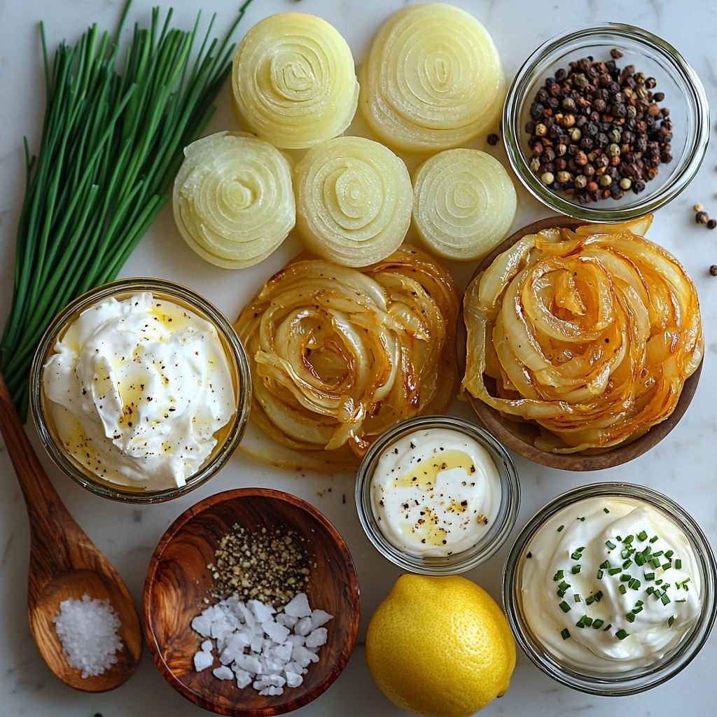 Flat lay of ingredients for caramelized onion dip arranged neatly on a clean white surface: two large yellow onions thinly sliced with layers visible, small glass bowls containing unsalted butter, olive oil, sour cream, mayonnaise, Worcestershire sauce, lemon juice, salt, black pepper, sugar, garlic powder, and onion powder; fresh bright green chopped chives scattered artistically; textures include glossy oil, creamy sour cream and mayonnaise, and golden sliced onions; warm natural lighting emphasizing the rich golden hues of the caramelized onions and the fresh colors of ingredients; minimalist composition with subtle shadows for depth, rustic wooden spoon beside the ingredients for added styling context, some whole yellow onions and a halved lemon included for visual interest, clean and inviting aesthetic — overhead shot, top down view, flat lay photography, professional food styling --ar 1:1 --q 2 --s 750 --v 6.1