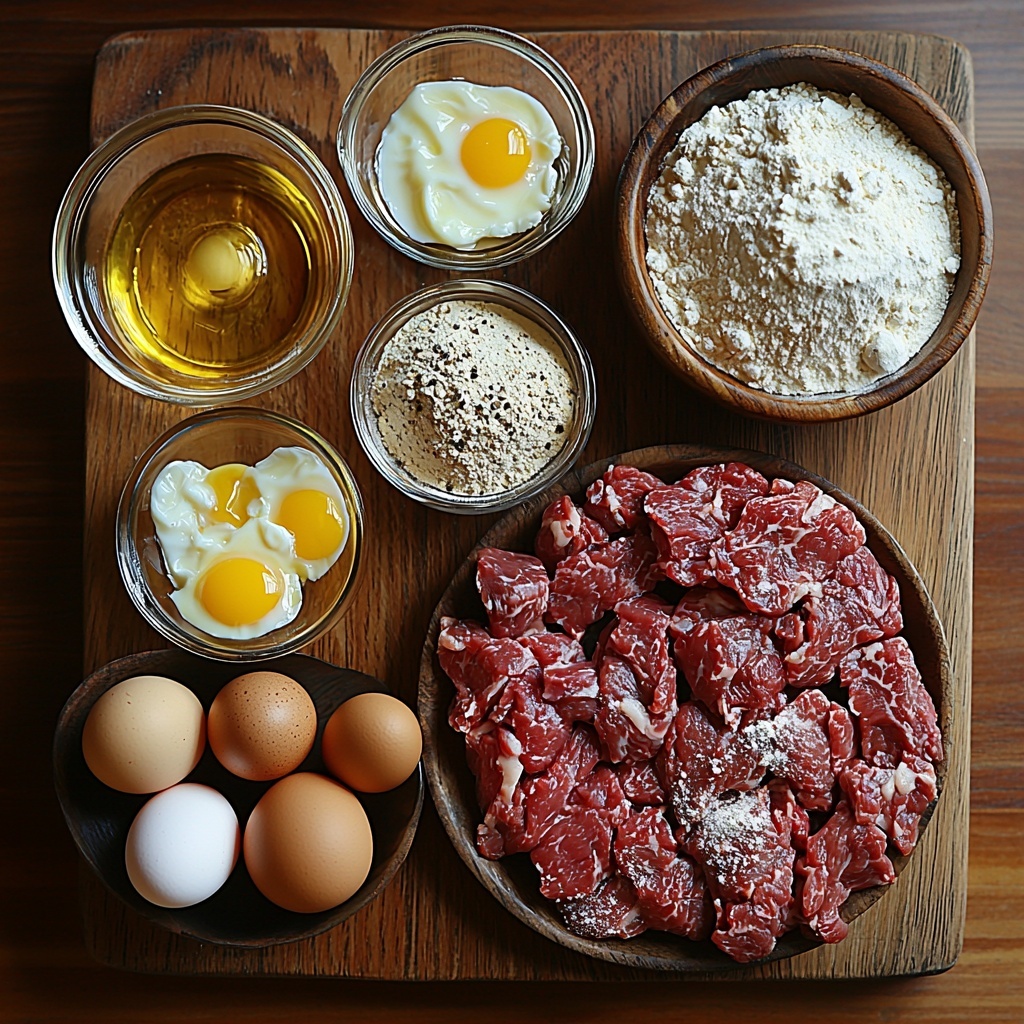 a clean rustic wooden surface with all main ingredients for country fried steak arranged neatly: raw beef round steak tenderized and pounded thin, a small bowl of creamy white buttermilk, two large brown eggs cracked open in a glass bowl with yolks visible, a shallow dish filled with fluffy all-purpose flour, a small glass cup of golden vegetable oil, a measuring cup of light golden low-sodium chicken broth, a small bowl of rich white heavy cream, and a teaspoon of freshly ground black pepper in a tiny dish; ingredients spaced evenly with natural soft daylight casting gentle shadows, slight flour dusting around bowls for texture, warm earthy tones, minimal props, clean and fresh aesthetic, focus on contrasting textures—smooth cream, coarse flour, glossy raw meat, and cracked eggshells overhead shot, top down view, flat lay photography, professional food styling --ar 1:1 --q 2 --s 750 --v 6.1
