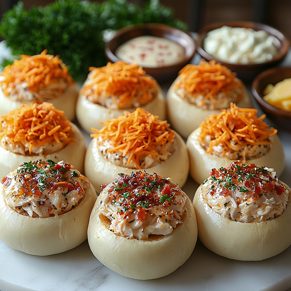 Twelve golden slider buns neatly arranged in a semi-circle on a clean white marble surface, next to small rustic bowls containing shredded cooked chicken—tender and fibrous, crumbled crispy bacon with a rich mahogany color, creamy white ranch dressing with subtle herbs, and bright orange shredded cheddar cheese with a slightly crumbly texture. A small dish of melted butter infused with garlic and onion powder, showing a glossy sheen, sits alongside a scattering of freshly chopped vibrant green parsley leaves for a pop of color. Soft natural lighting enhances the warm tones and textures, shadows gently framing each ingredient to emphasize freshness and richness. The composition is balanced and inviting, with focus on contrasting colors and textures for a mouthwatering, wholesome feel. Overhead shot, top down view, flat lay photography, professional food styling --ar 1:1 --q 2 --s 750 --v 6.1
