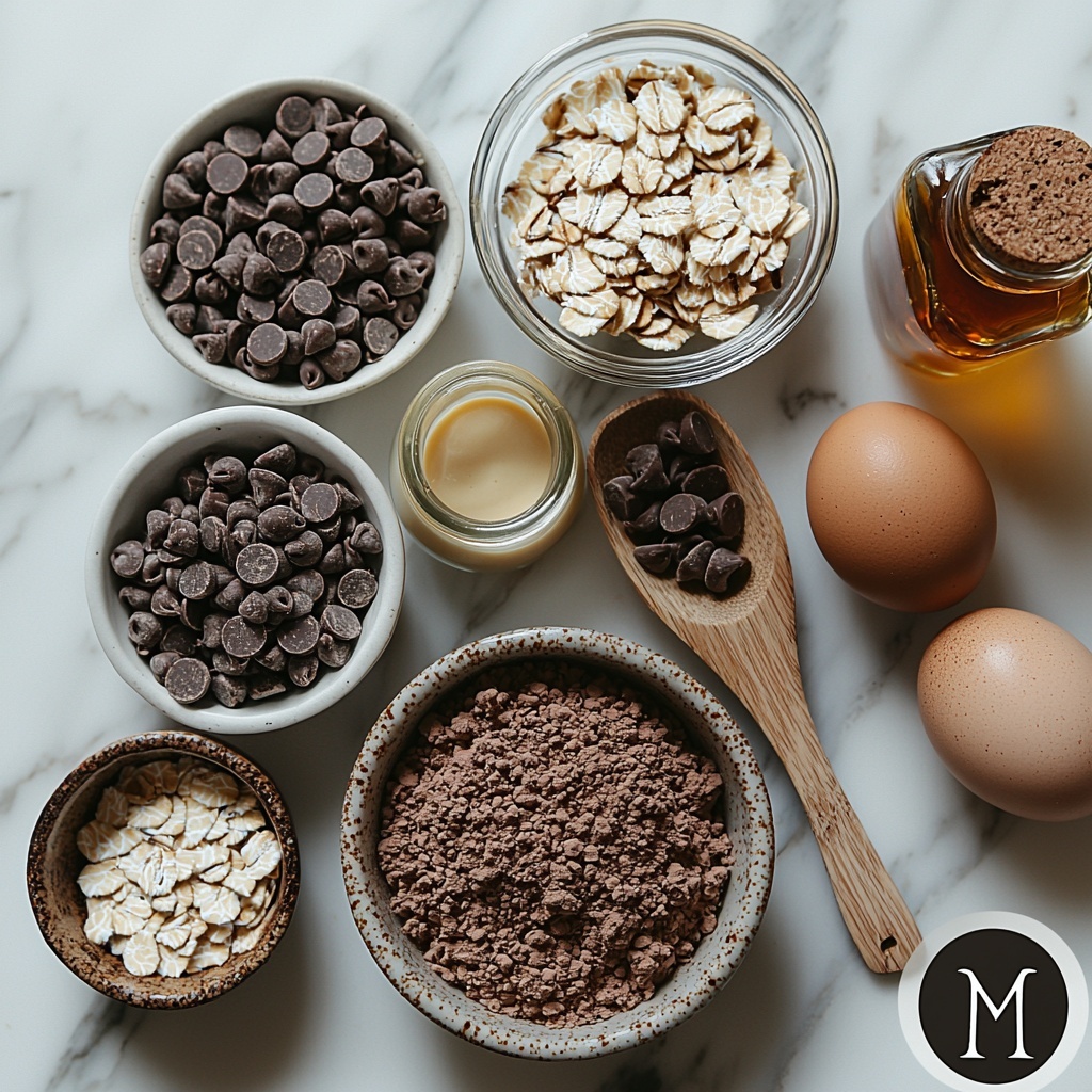 rolled oats in a rustic ceramic bowl, rich dark brown cocoa powder in a small wooden scoop, a tiny glass jar of baking powder with a vintage label, a small heap of fine sea salt crystals on a wooden spoon, two fresh brown eggs with smooth shells, a glass measuring cup filled with amber maple syrup, a small bowl of solid creamy coconut oil, a clear glass of pale almond milk, a small bottle of golden vanilla extract with a cork stopper, a white bowl overflowing with glossy dark chocolate chips with extra chocolate chips scattered artfully, optional toppings displayed nearby: swirls of peanut butter in a white ramekin, a dollop of airy whipped cream on a small plate, a drizzle of maple syrup in a tiny jug, and a scattering of mixed nuts—arranged neatly on a clean white marble surface, emphasizing natural earth tones and rich browns contrasted with creamy whites, soft natural light casting gentle shadows, styled with minimal props like linen napkins and wooden utensils for warmth and texture, overhead shot, top down view, flat lay photography, professional food styling --ar 1:1 --q 2 --s 750 --v 6.1