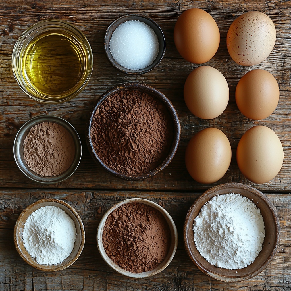 A clean, light wooden surface neatly arranged with all the main ingredients for chocolate crinkle cookies: a small rustic bowl filled with deep, rich unsweetened cocoa powder; a glass measuring cup with granulated white sugar sparkling in natural light; a clear glass vessel of golden vegetable oil with a slight sheen; four large brown eggs placed in a gentle cluster, their smooth shells catching soft highlights; a small glass bowl of pure vanilla extract with a warm amber hue; a white ceramic bowl heaped with fine all-purpose flour showing delicate powdery texture; a small dish holding fine white baking powder and a pinch of pale off-white salt side by side; a shallow bowl of bright white powdered sugar with a light dusting spilled artistically around it. Natural soft light emphasizes the varied textures from powdery to glossy, with a balanced and minimalistic layout creating harmony and visual interest. Subtle shadows add depth without distraction. Overhead shot, top down view, flat lay photography, professional food styling --ar 1:1 --q 2 --s 750 --v 6.1