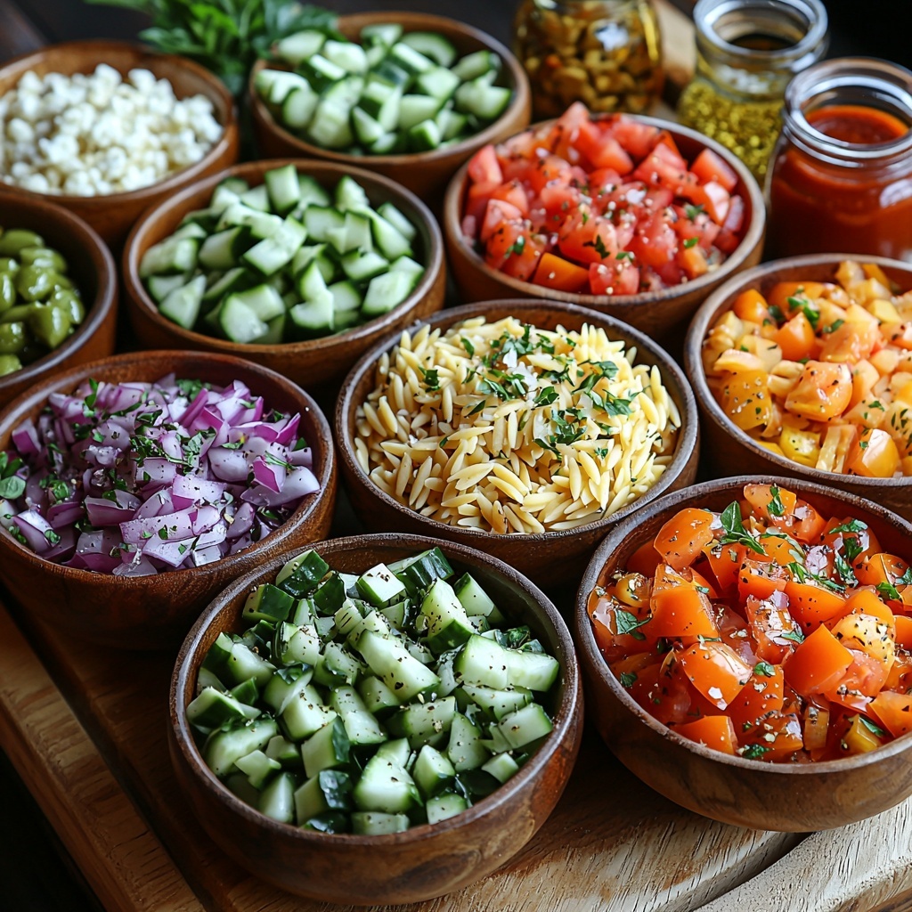 A vibrant flat lay of Mediterranean Orzo Salad ingredients artfully arranged on a clean, light wooden surface. In neat piles and small rustic bowls: uncooked pale golden orzo pasta spilling gently, bright red and deep orange cherry tomatoes sliced in half showing juicy, glossy interiors, crisp pale green slices of hot house cucumber with moist seeds visible, thin translucent rings of vibrant purple-red onion, diced bright orange pepper pieces with smooth skin, a small heap of tangy green pepperoncinis, and a crumbled mound of creamy white feta cheese with crumbly texture. Optional glossy Kalamata and green olives add deep purple and muted green hues. Nearby are small glass containers of golden extra-virgin olive oil and rich red wine vinegar, a scattering of dried oregano leaves, tiny piles of reddish flakes of red pepper, coarse salt crystals, and a teaspoon of smooth honey. The ingredients are styled with natural, soft daylight highlighting fresh textures and vivid colors, softened shadows, a few sprigs of oregano for garnish, and gentle arrangement conveying freshness and Mediterranean warmth. Overhead shot, top down view, flat lay photography, professional food styling --ar 1:1 --q 2 --s 750 --v 6.1